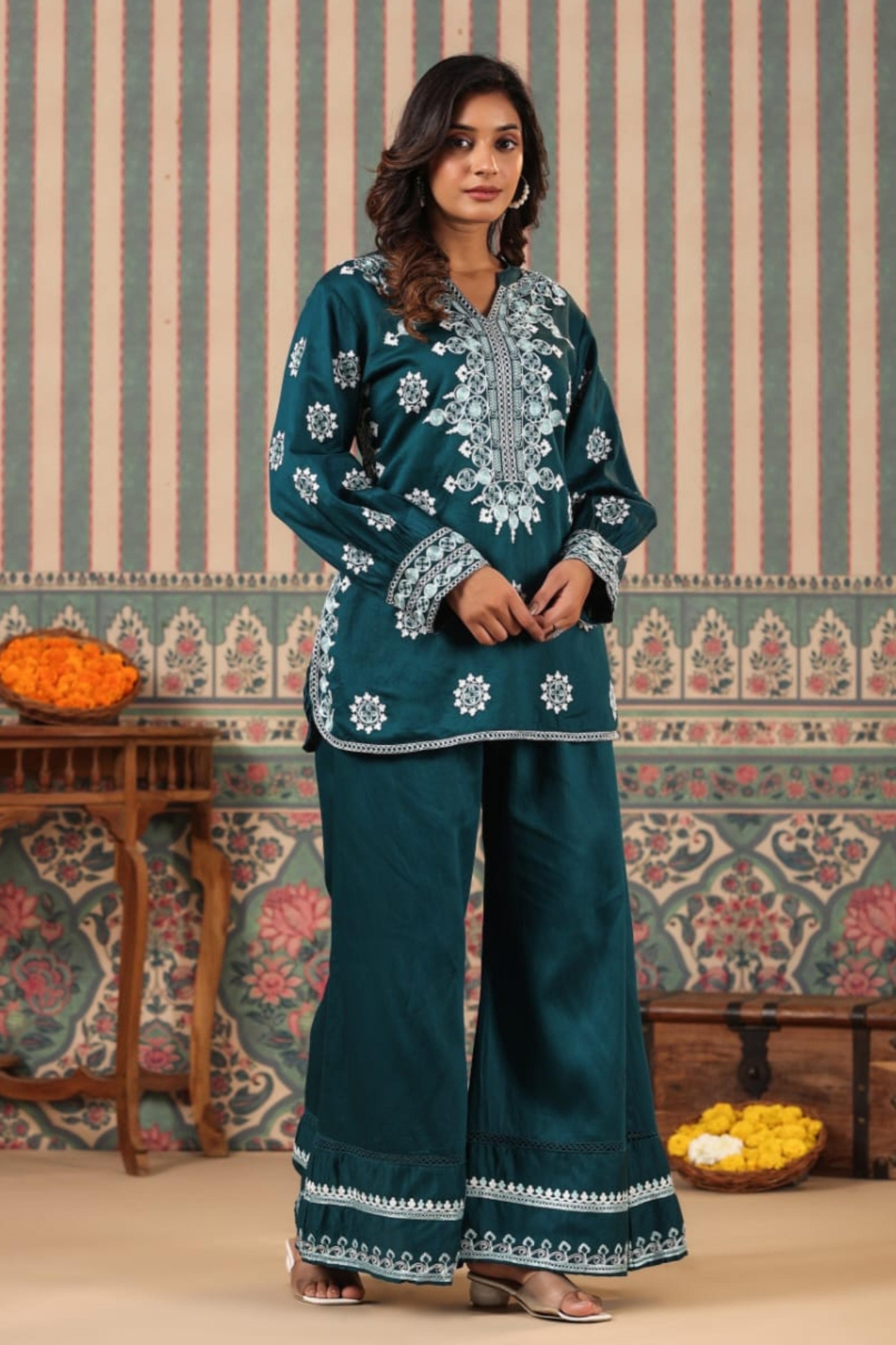 Blue Threadwork Pure Cotton Palazzo Set - KAJREE