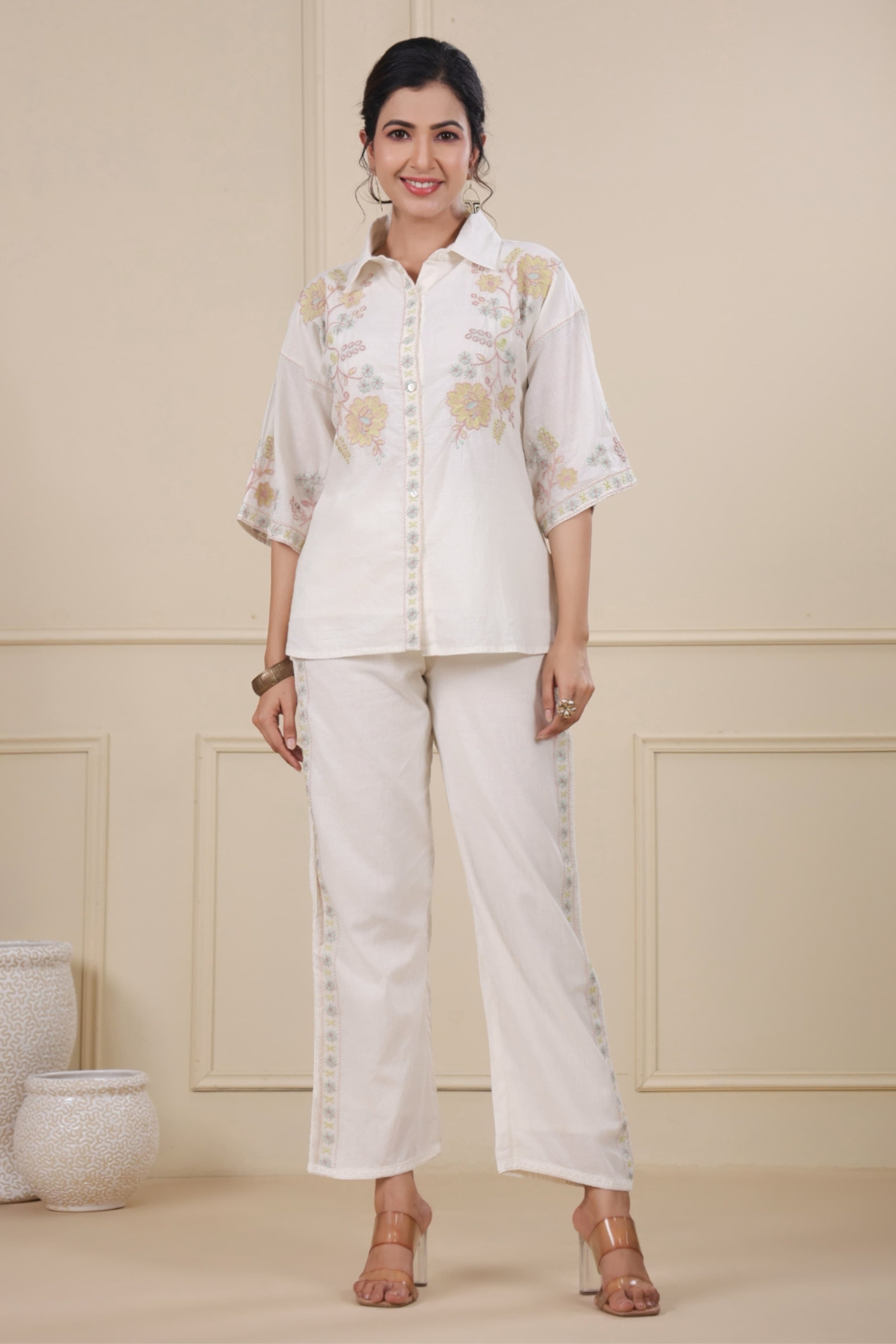 Off White Threadowrk Cotton Co-Ord Set 