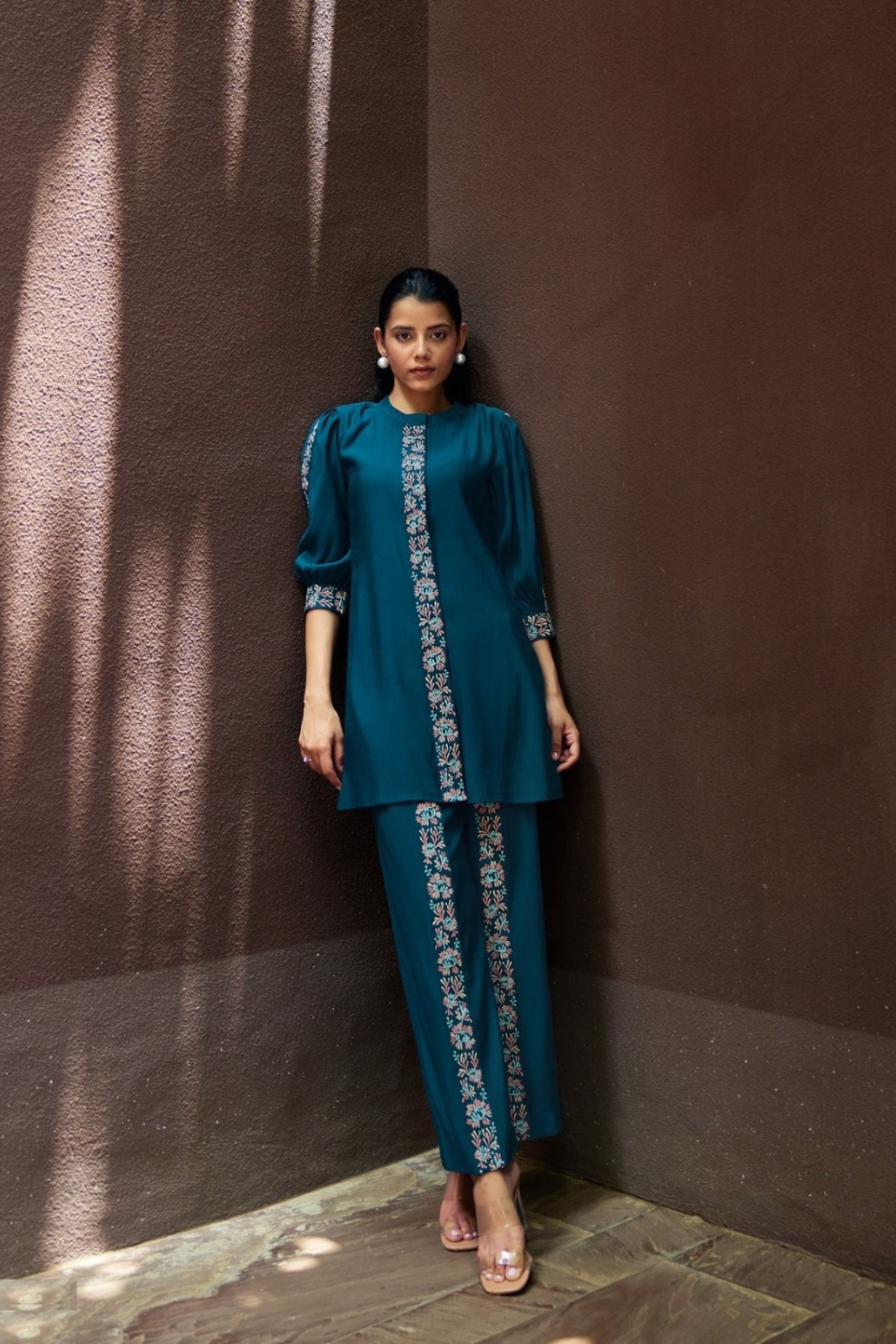 Navy Blue Threadwork Cotton Co-ord Set - KAJREE