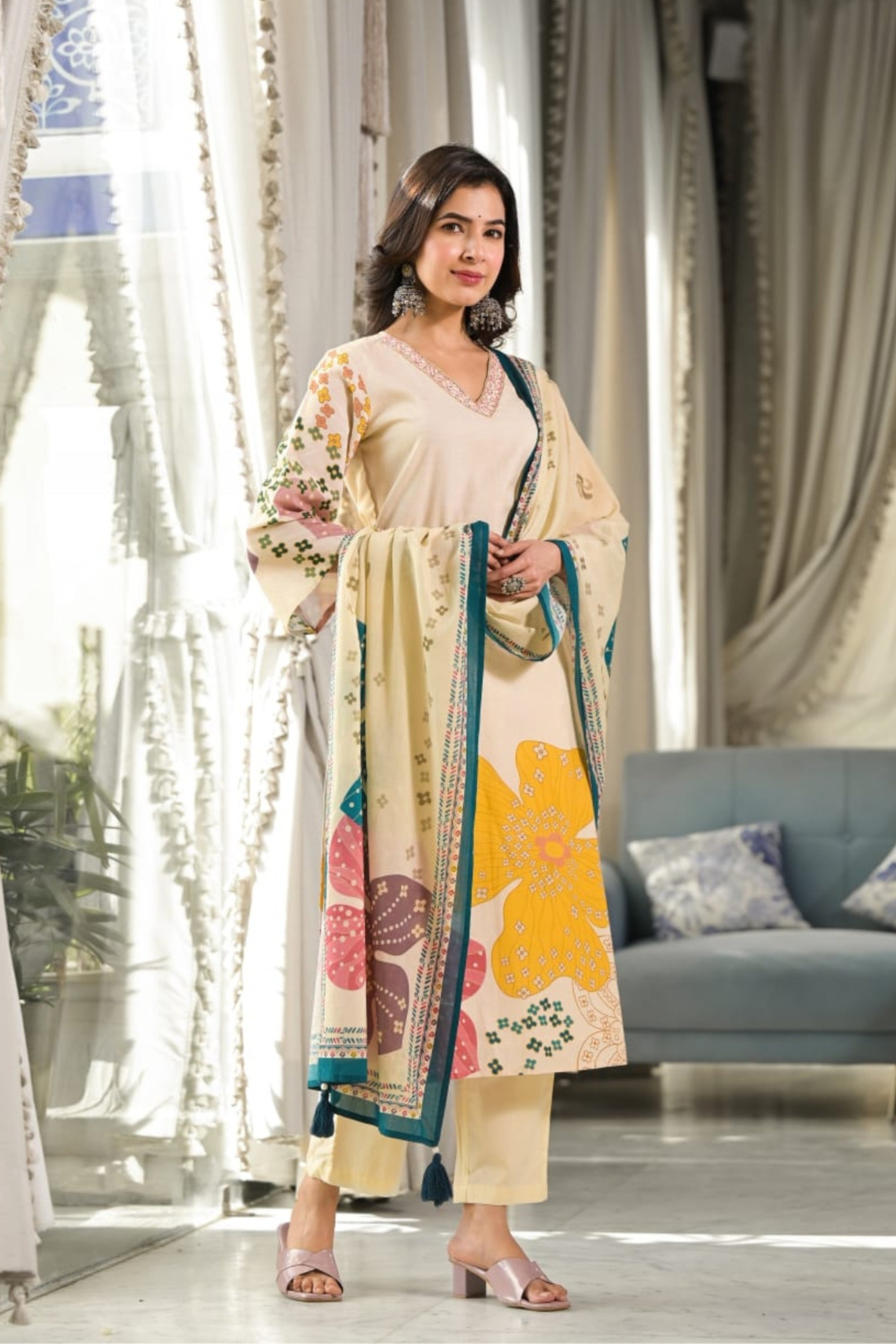 Cream Block Printed Pure Cotton Kurta Set - KAJREE