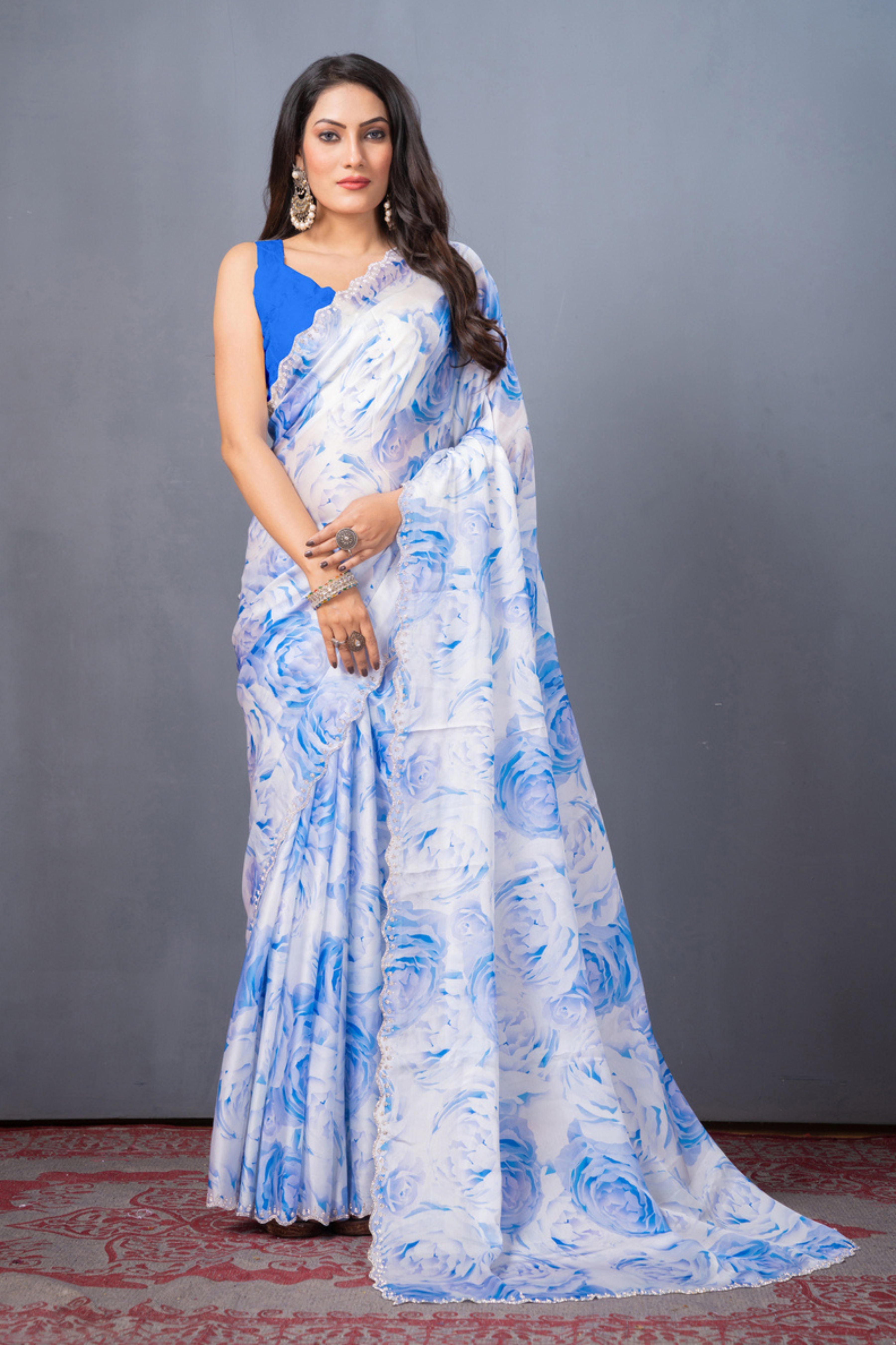 Blue Stonework Block Print Satin Saree 