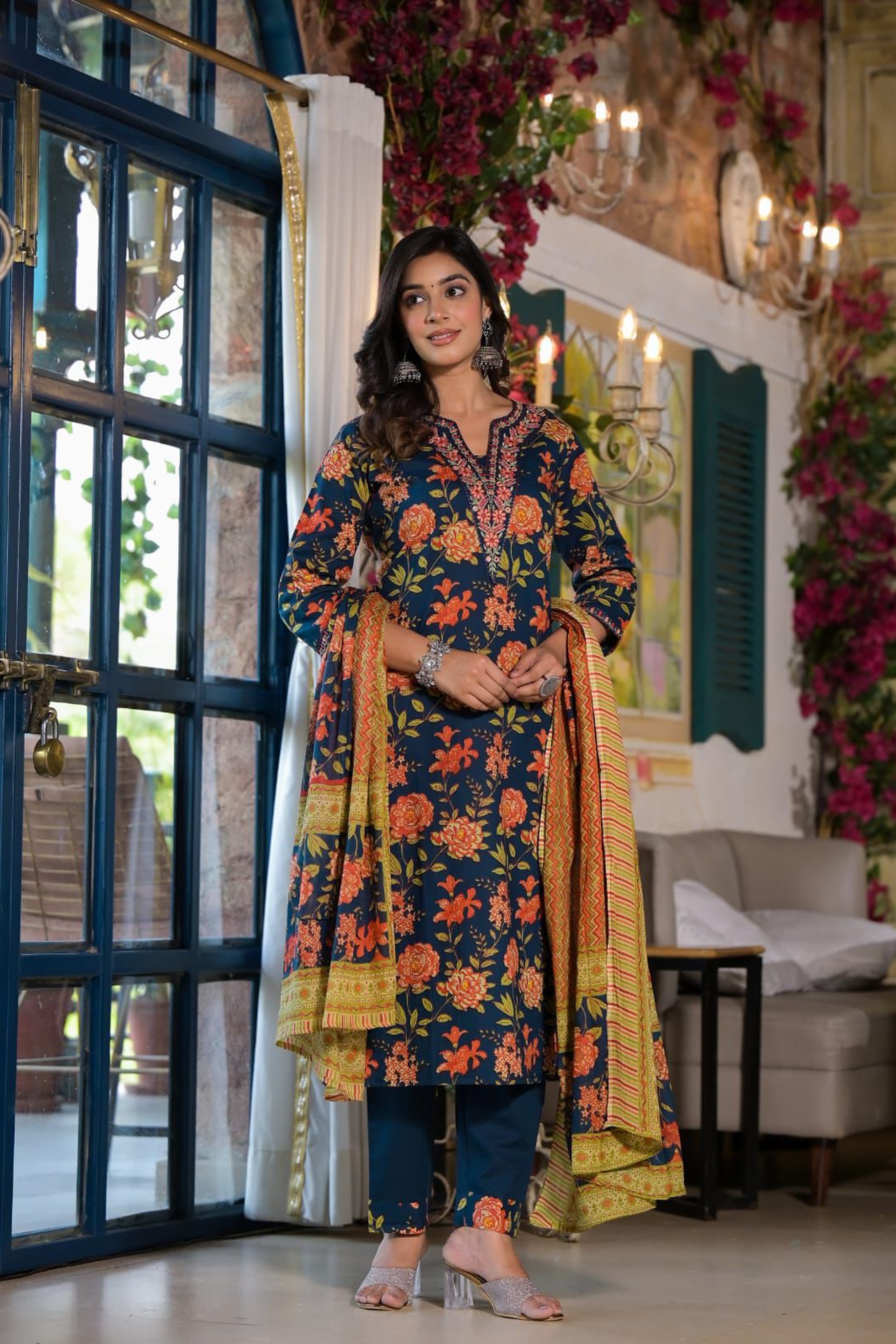 Navy Blue Block Printed Cotton Kurta Set - Kajree