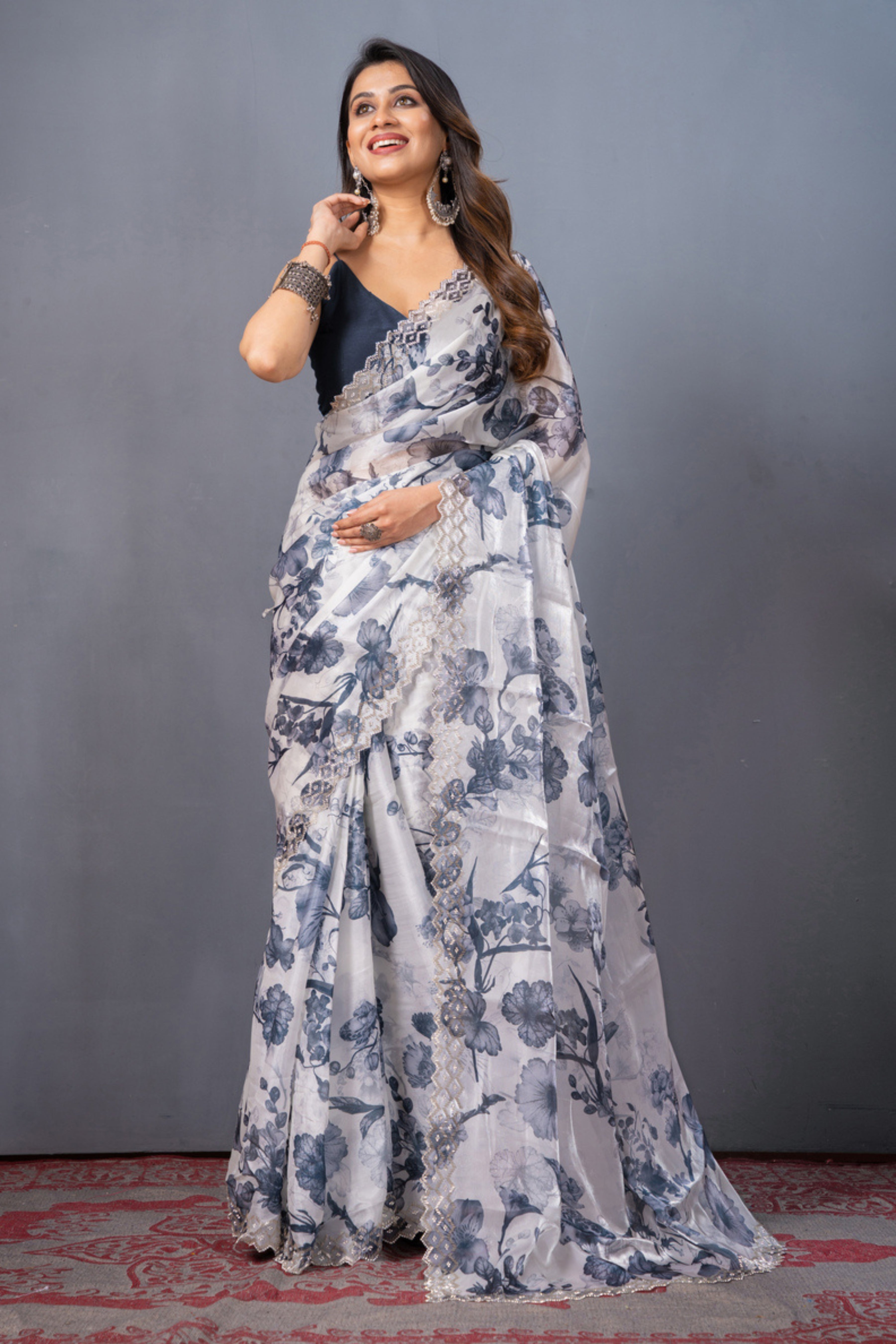 White Block print Stonework Satin Silk Saree - Kajree