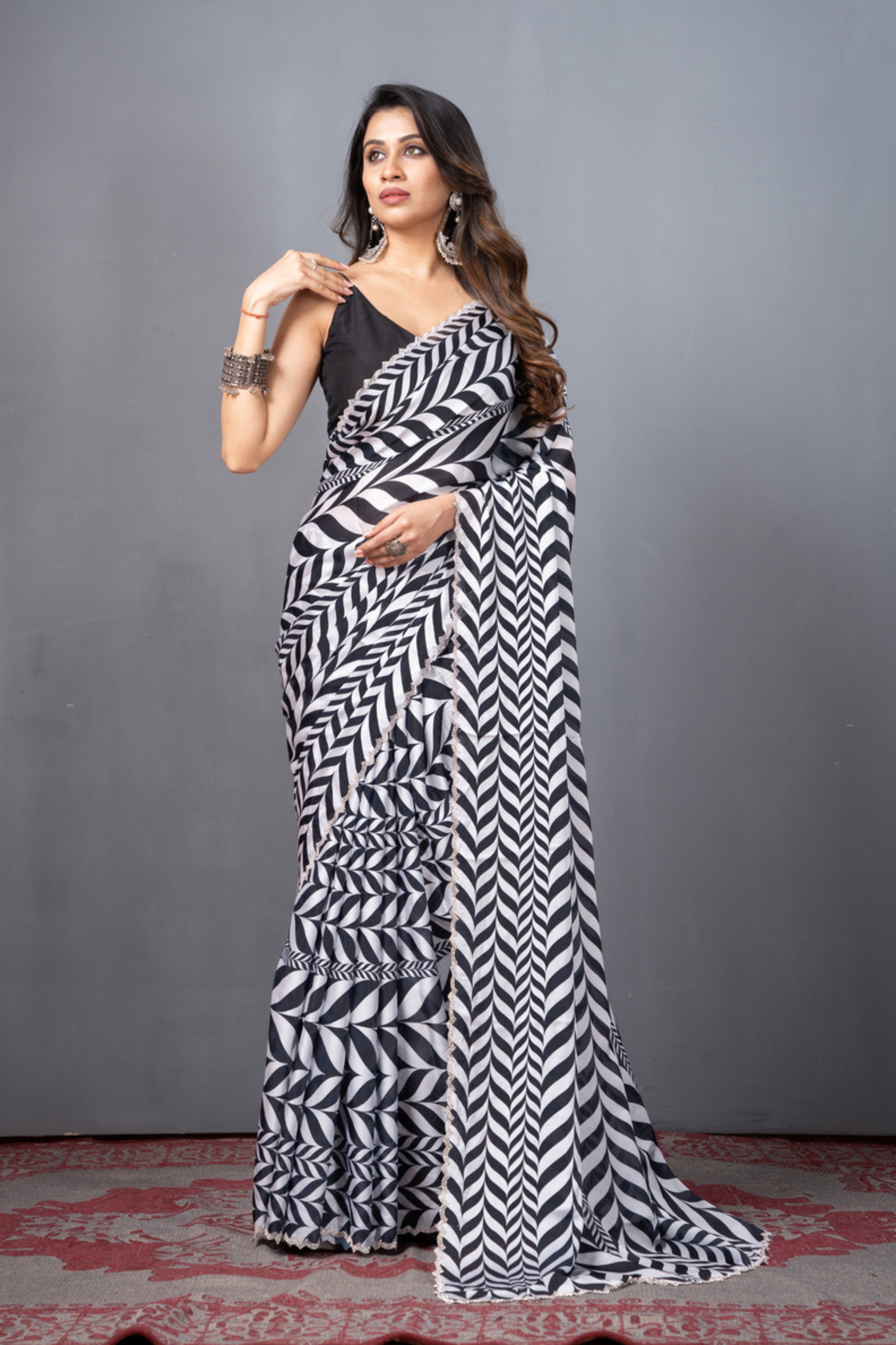 Black Stonework Block Print Satin Saree 