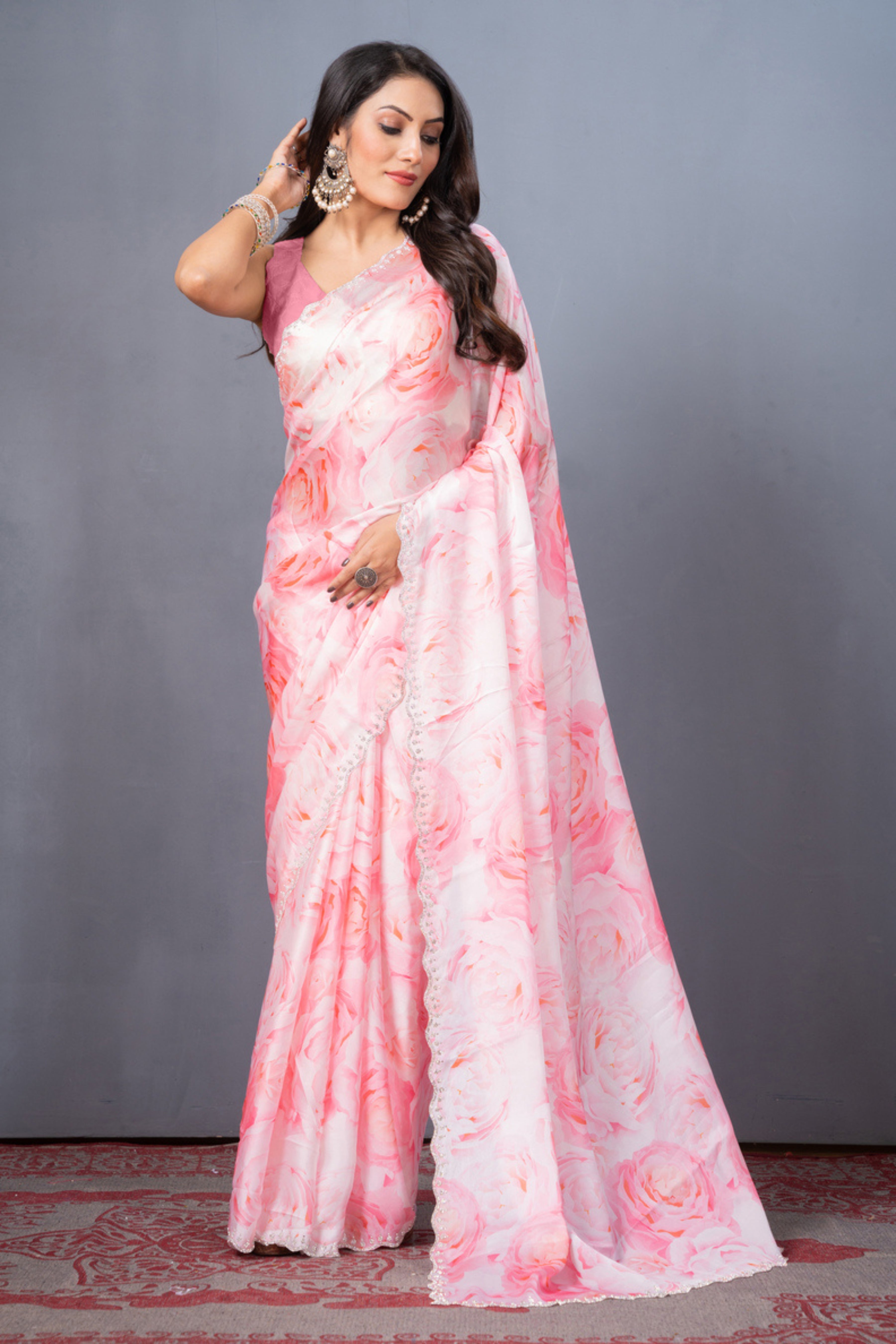 Pink Stonework Block Print Satin Saree 