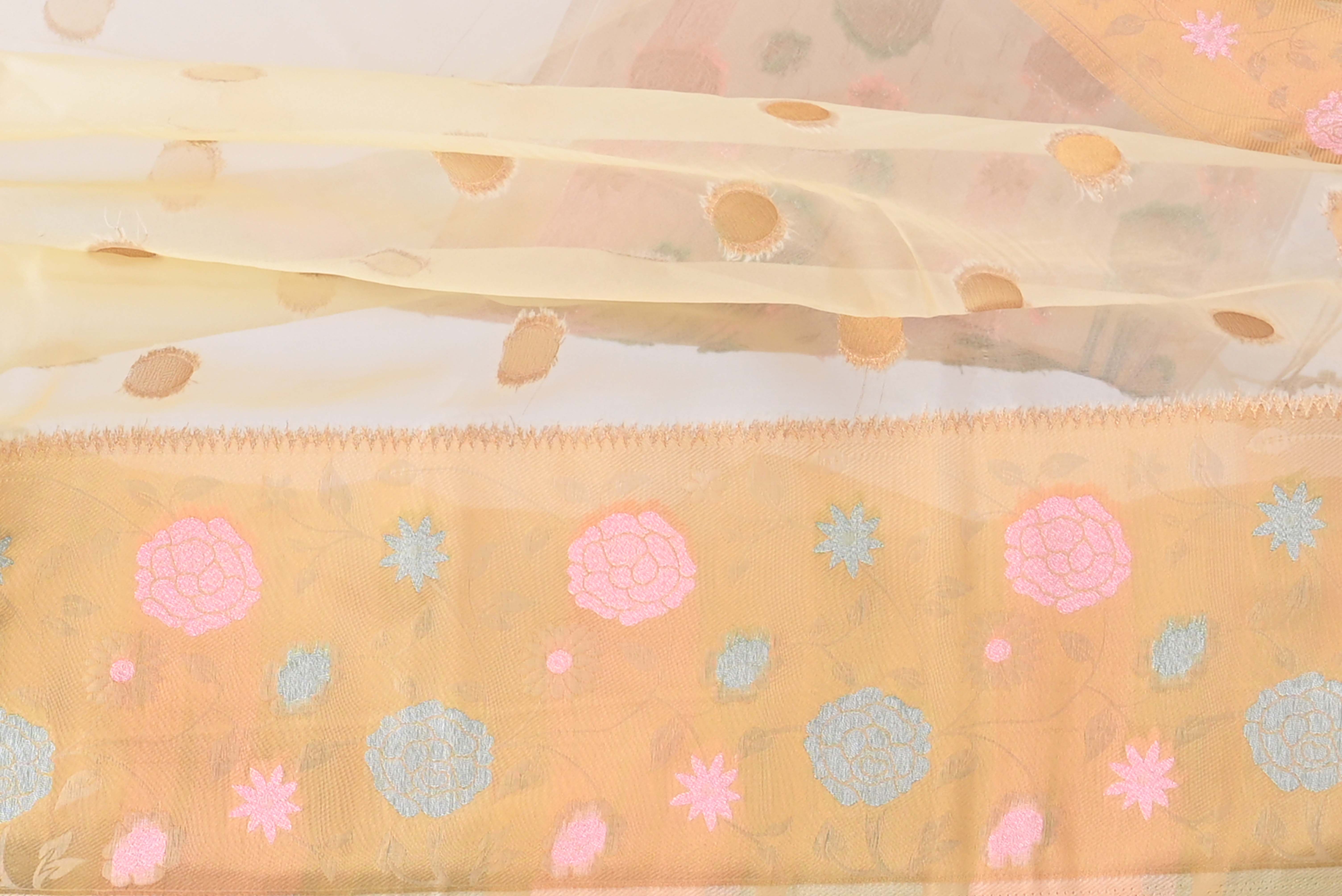 Lemon Yellow Zariwork Organza Saree 