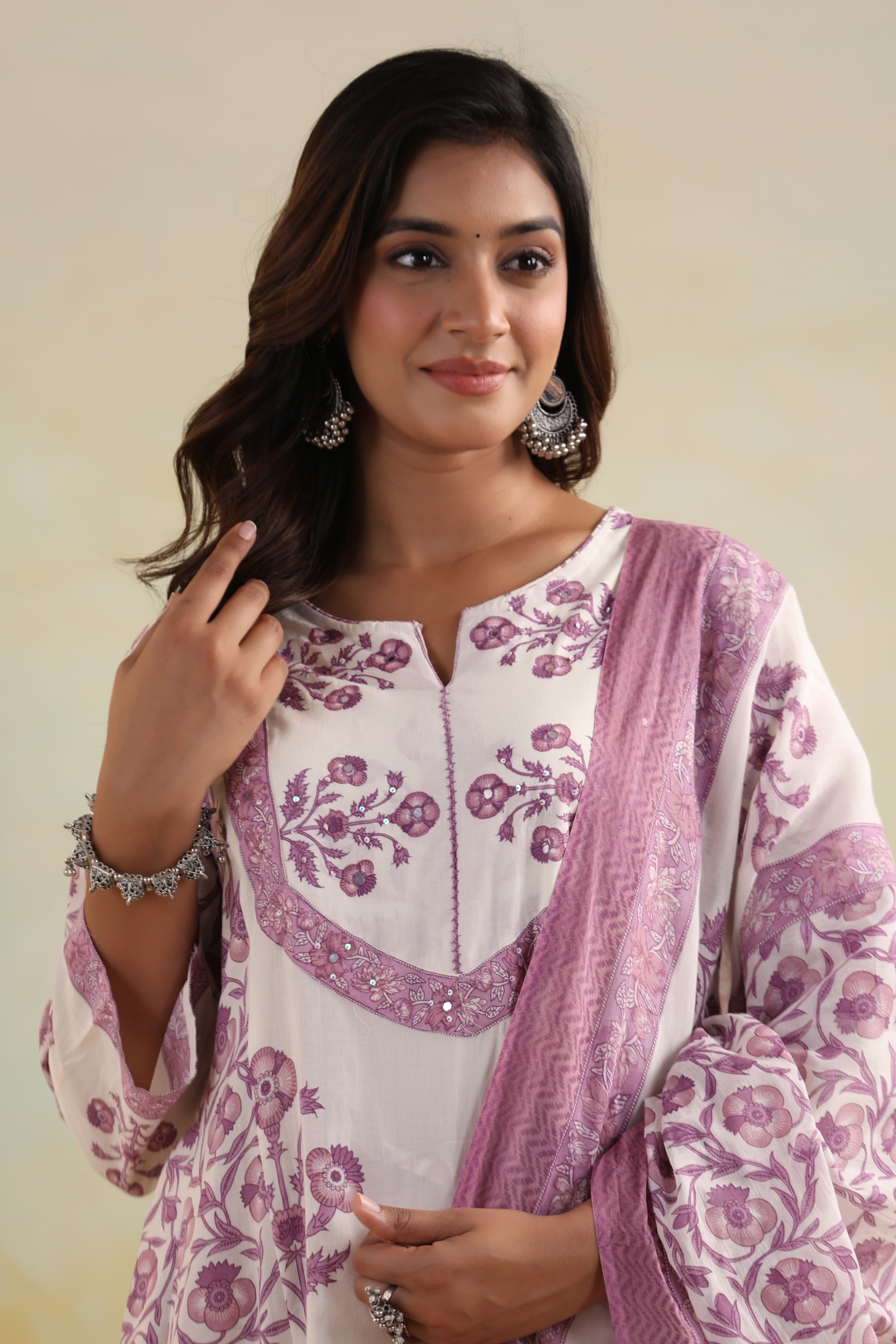 Purple Mirror work Block Print cotton kurta set 