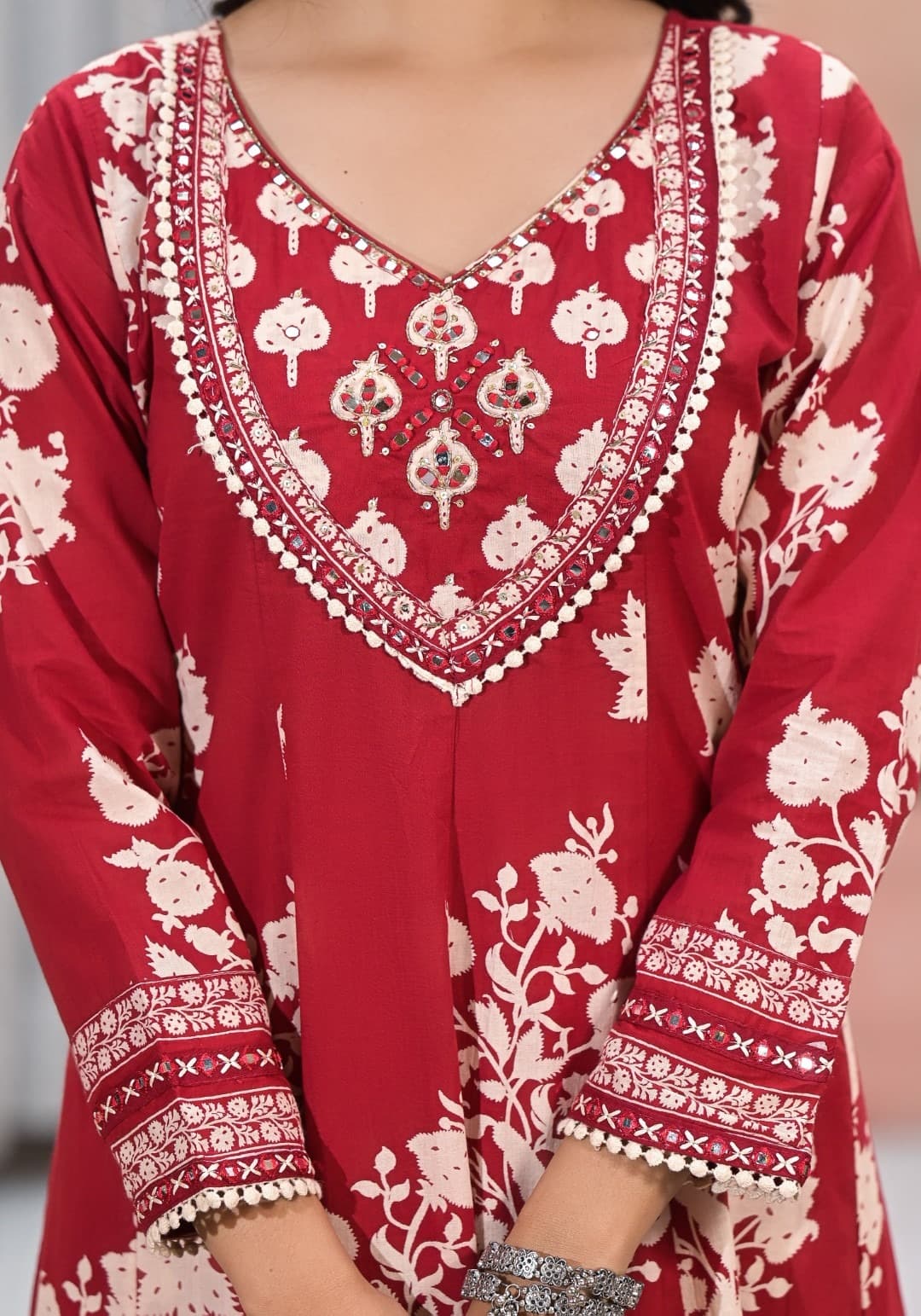 Red Aari work Block Print cotton kurta set 