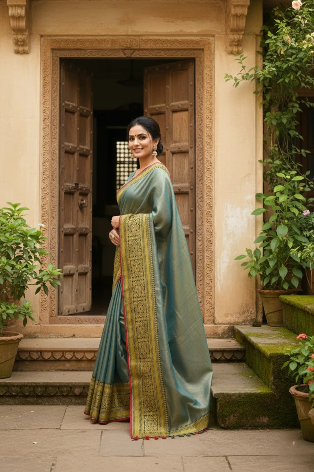 Rama Green Tissue Silk saree with Blouse Piece 