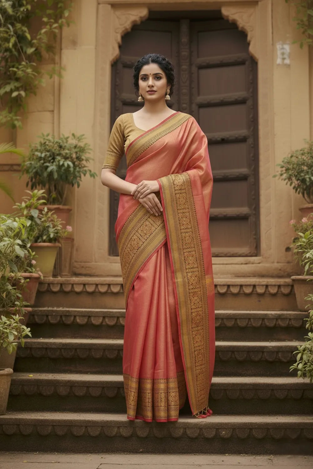 Red Tissue Silk saree with Blouse Piece 