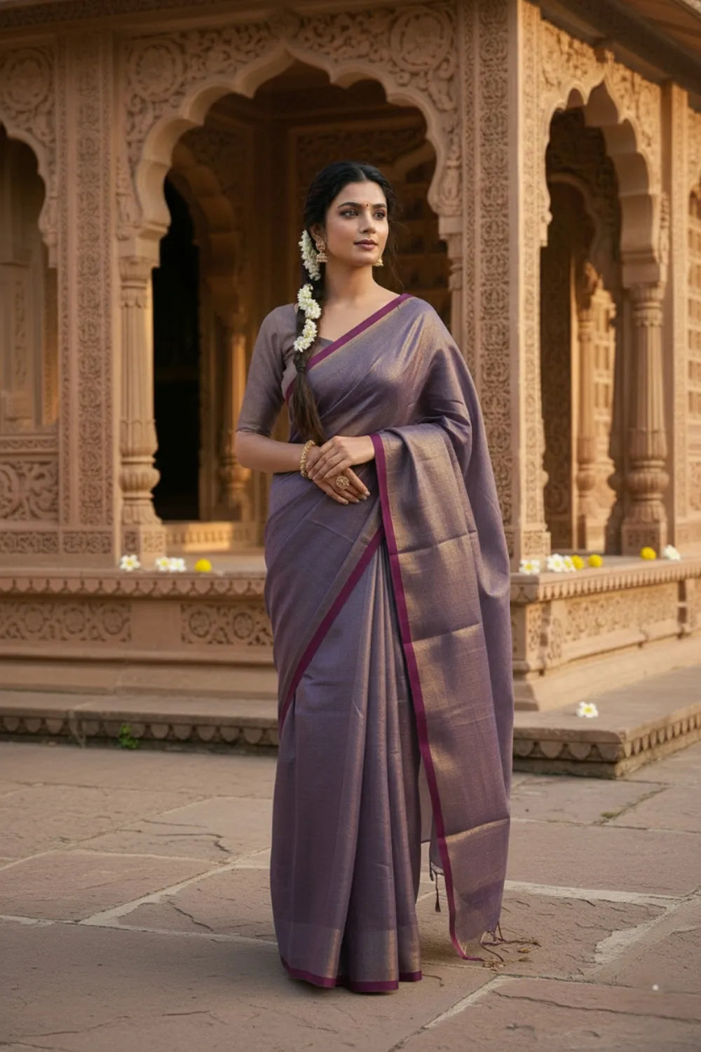 Lavender Maroon Linen Tissue Saree with Blouse Piece 