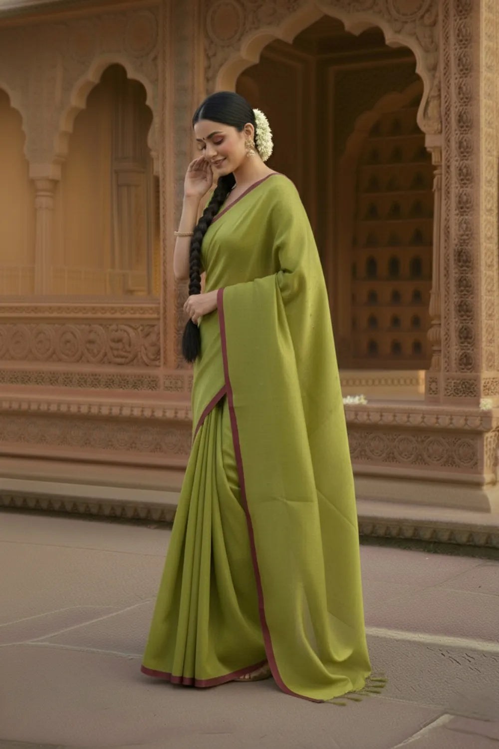 Green Maroon Linen Tissue Saree with Blouse Piece 