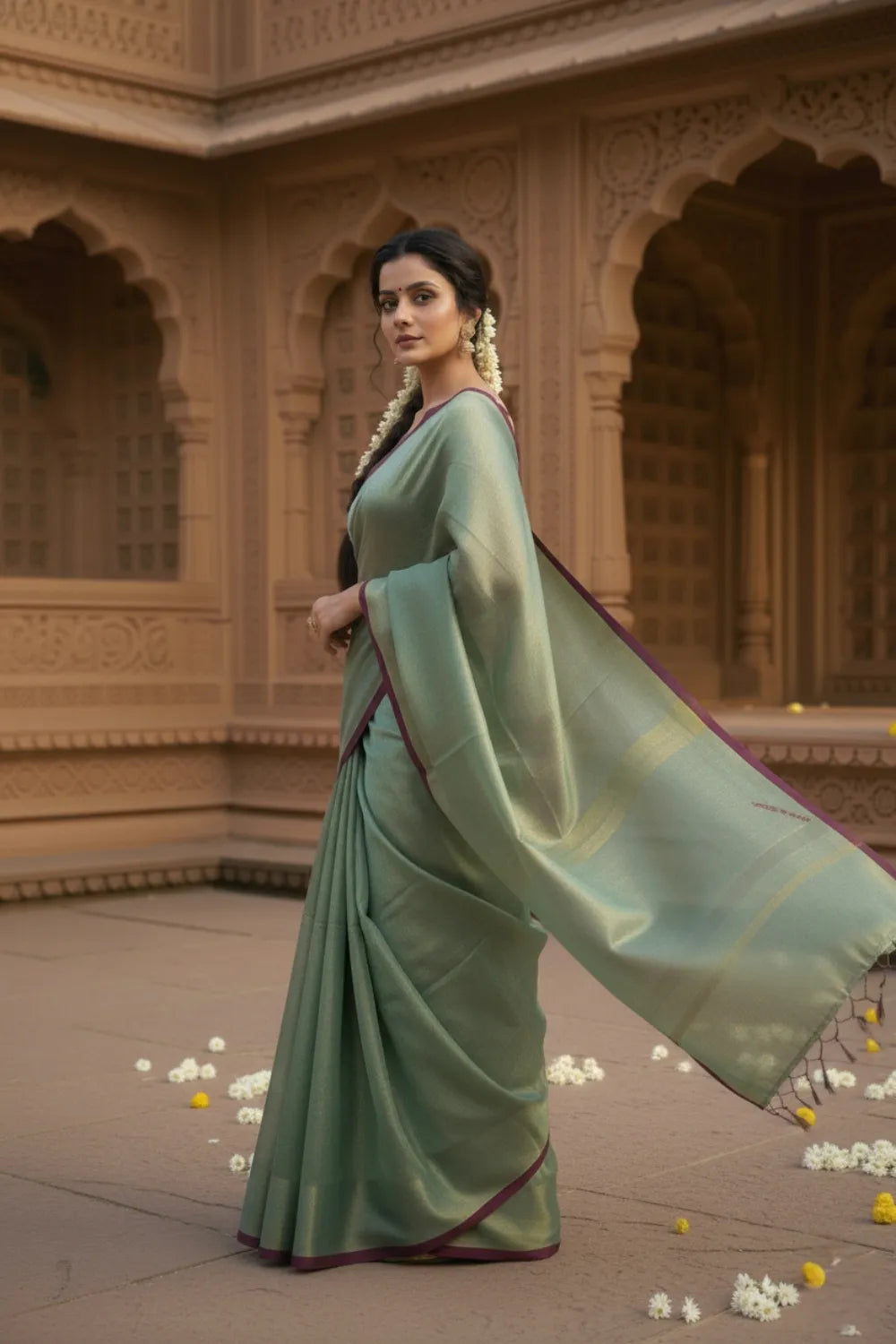 Sea Green Maroon Linen Tissue Saree with Blouse Piece 