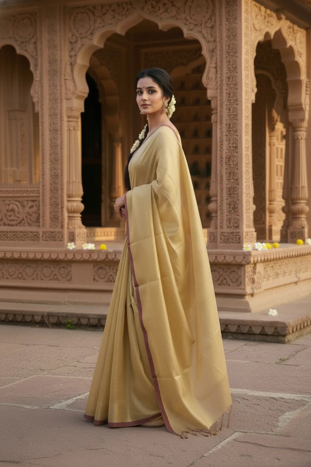 Golden Maroon Linen Tissue Saree with Blouse Piece 