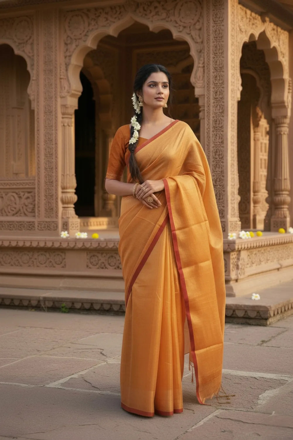 Orange Maroon Linen Tissue Saree with Blouse Piece 