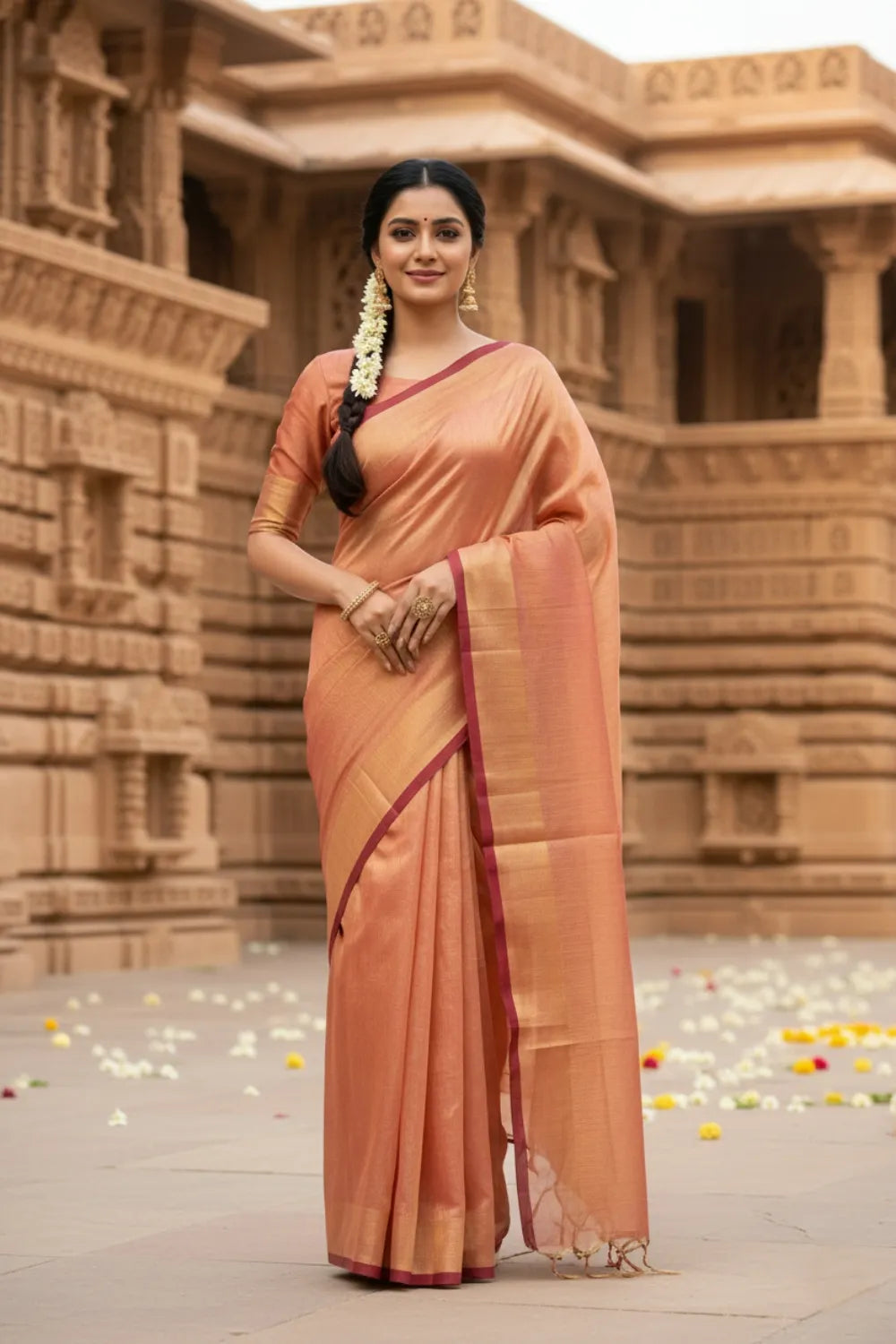 Red Maroon Linen Tissue Saree with Blouse Piece 