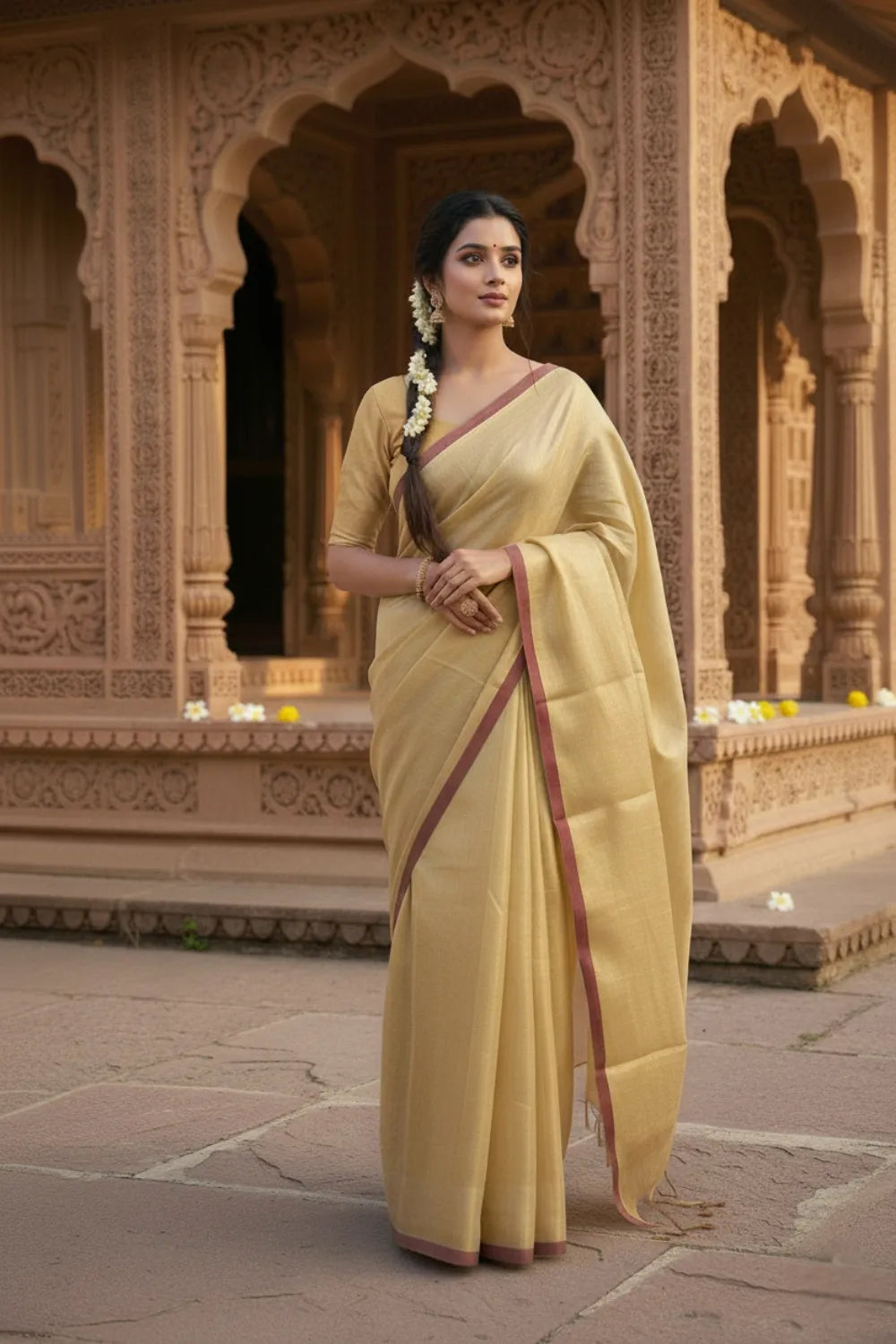 Golden Maroon Linen Tissue Saree with Blouse Piece 