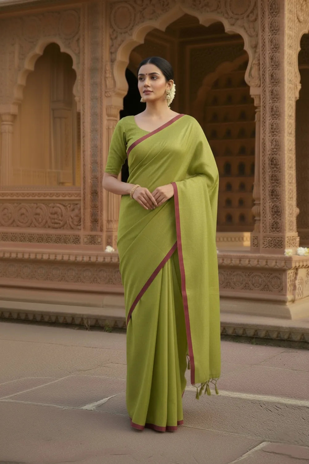 Green Maroon Linen Tissue Saree with Blouse Piece 