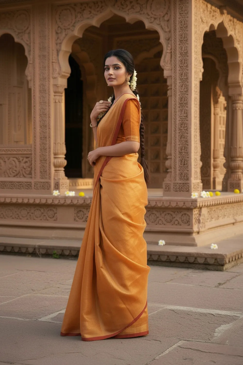 Orange Maroon Linen Tissue Saree with Blouse Piece 
