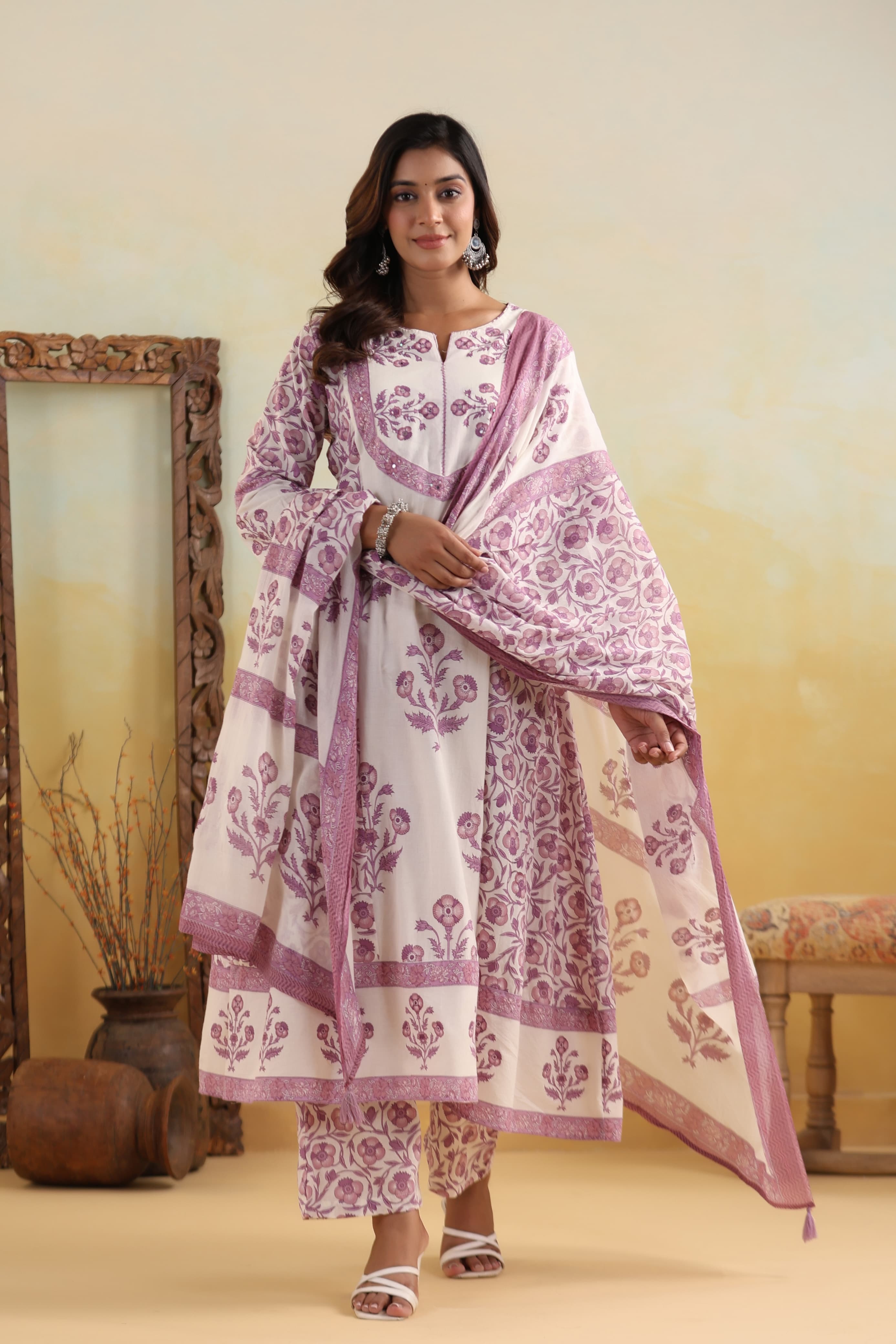 Purple Mirror work Block Print cotton kurta set 