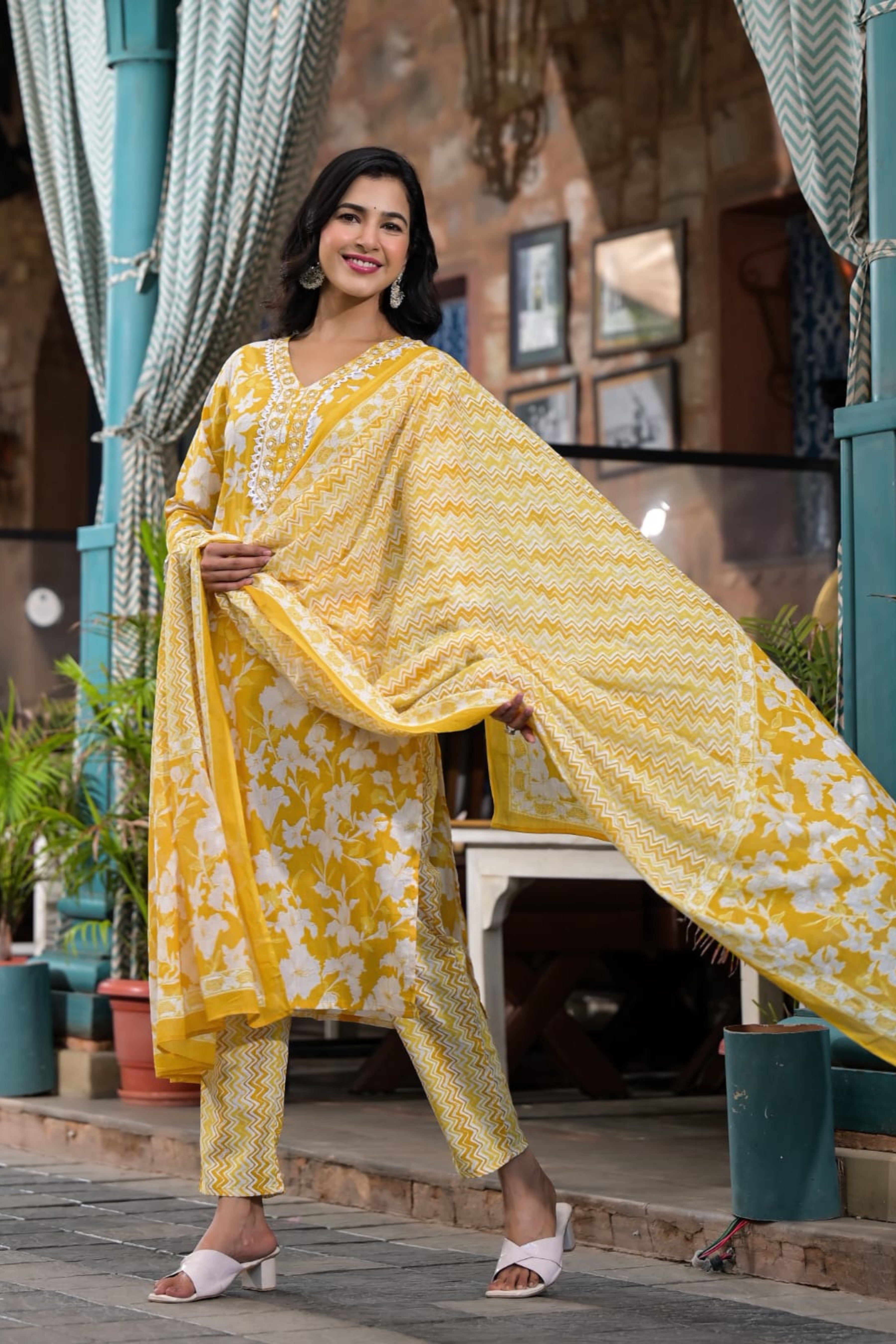 Yellow Block Printed Cotton Kurta Set - KAJREE