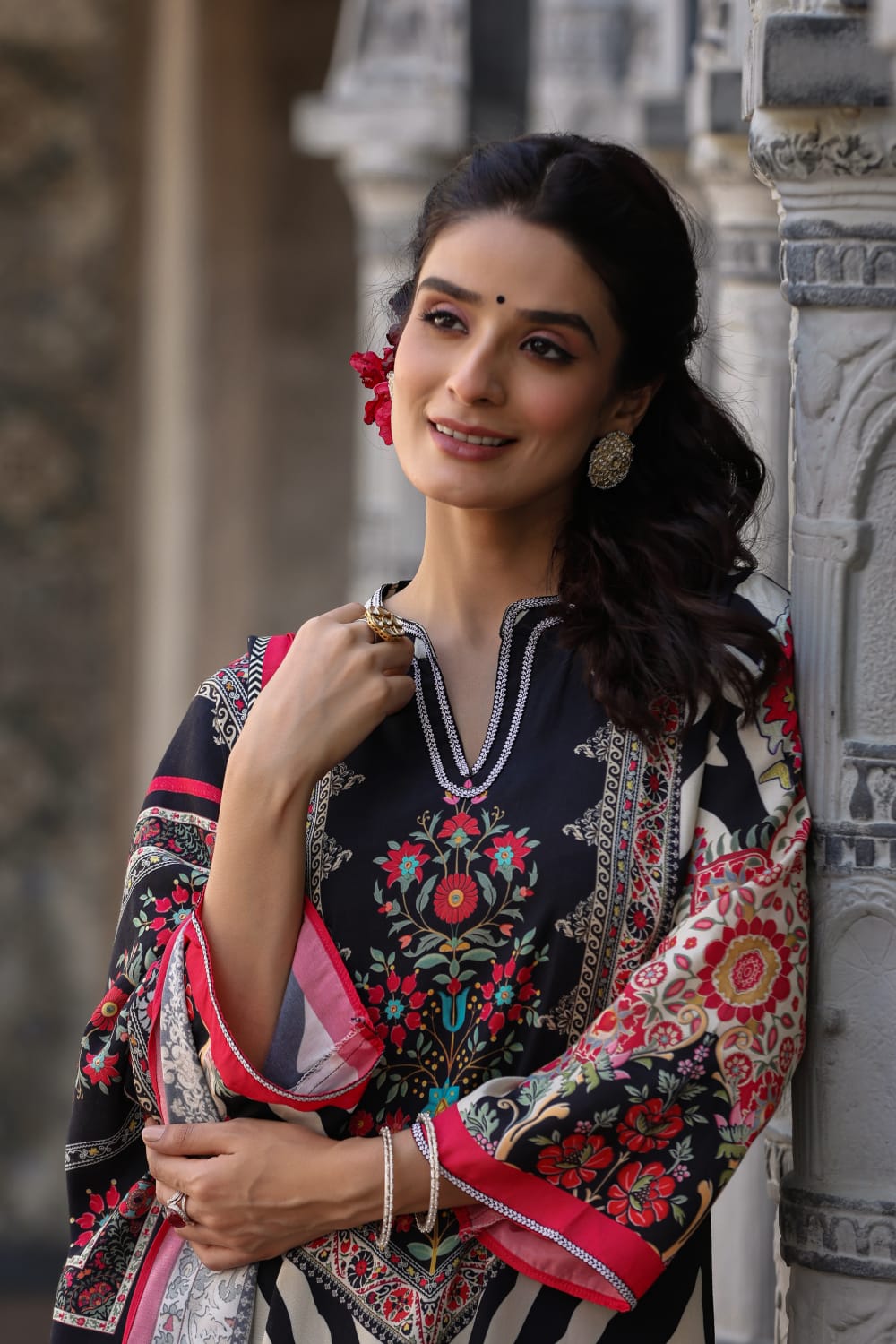 Black Block Printed Silk Kurta Set - Kajree