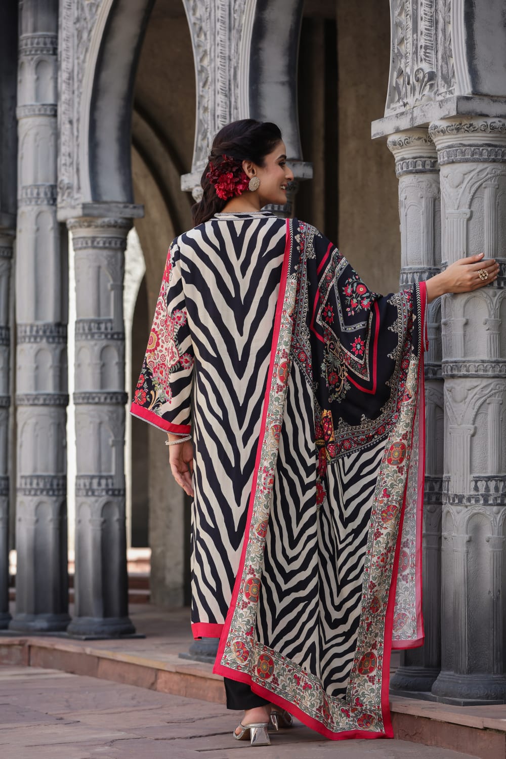 Black Block Printed Silk Kurta Set - Kajree