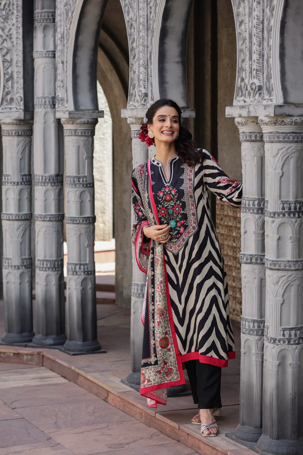 Black Block Printed Silk Kurta Set - Kajree