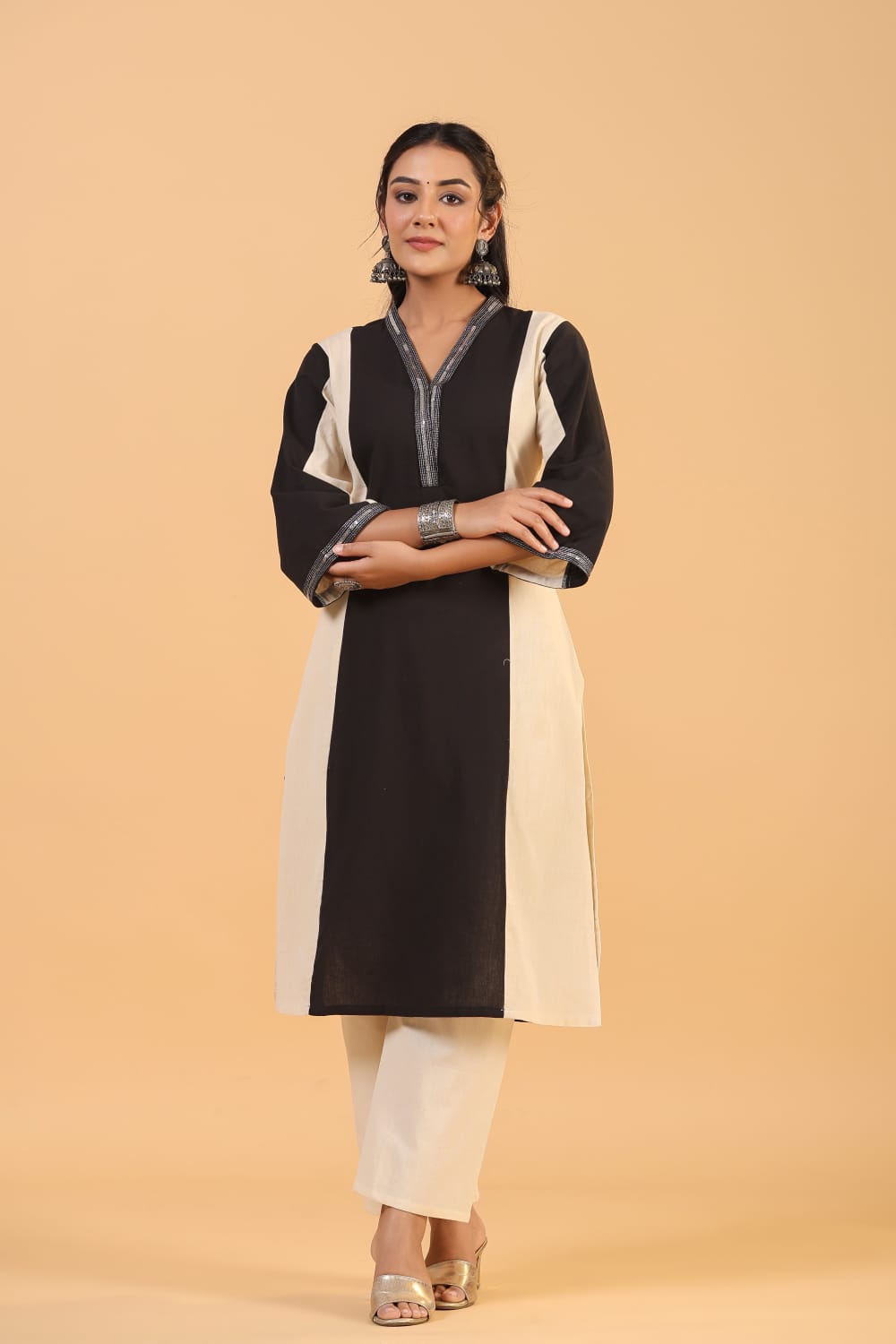 Black Piping work Cotton Co-ord - KAJREE