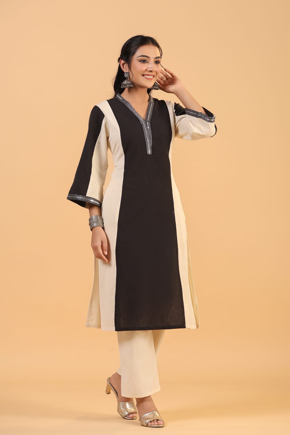 Black Piping work Cotton Co-ord - KAJREE