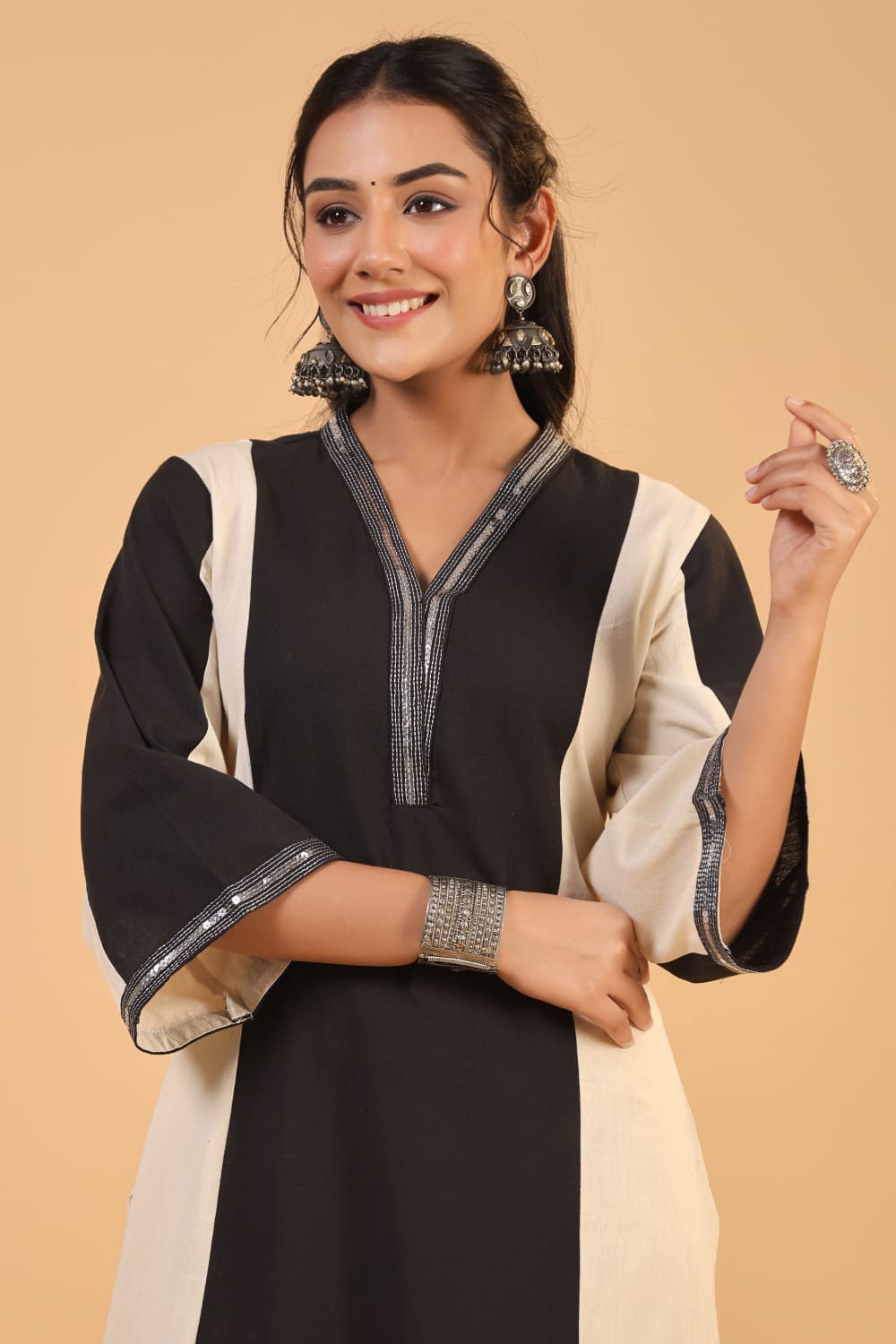 Black Piping work Cotton Co-ord - KAJREE