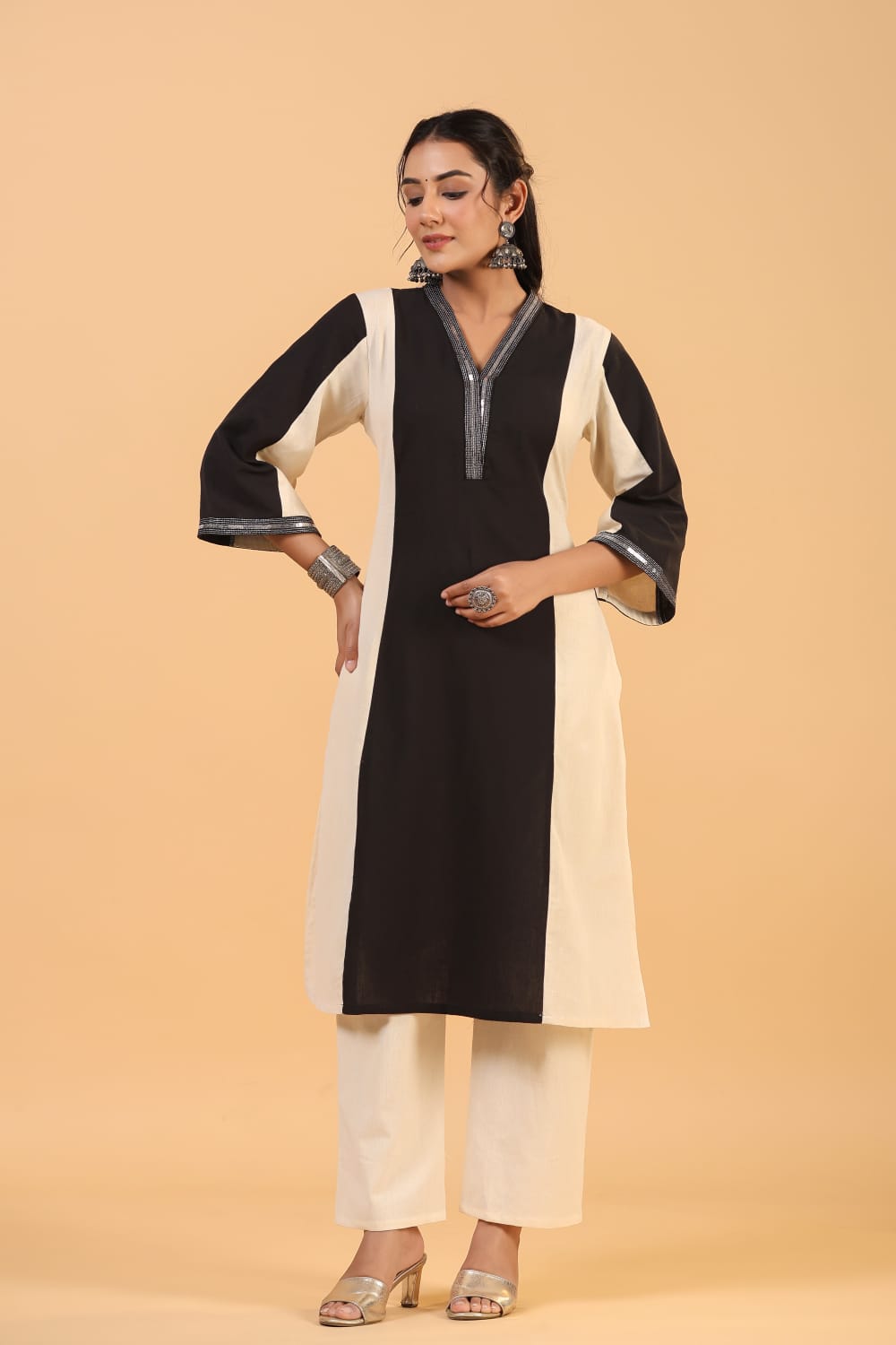 Black Piping work Cotton Co-ord - KAJREE