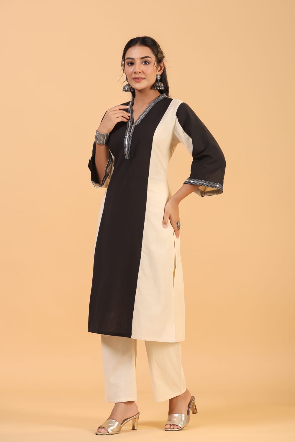 Black Piping work Cotton Co-ord - KAJREE