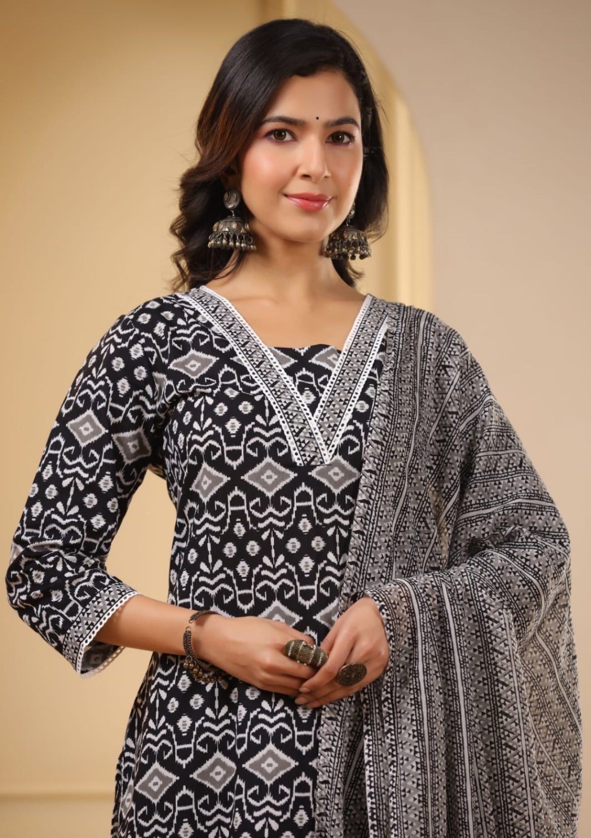Black Block Print Cotton Kurta Set - KAJREE