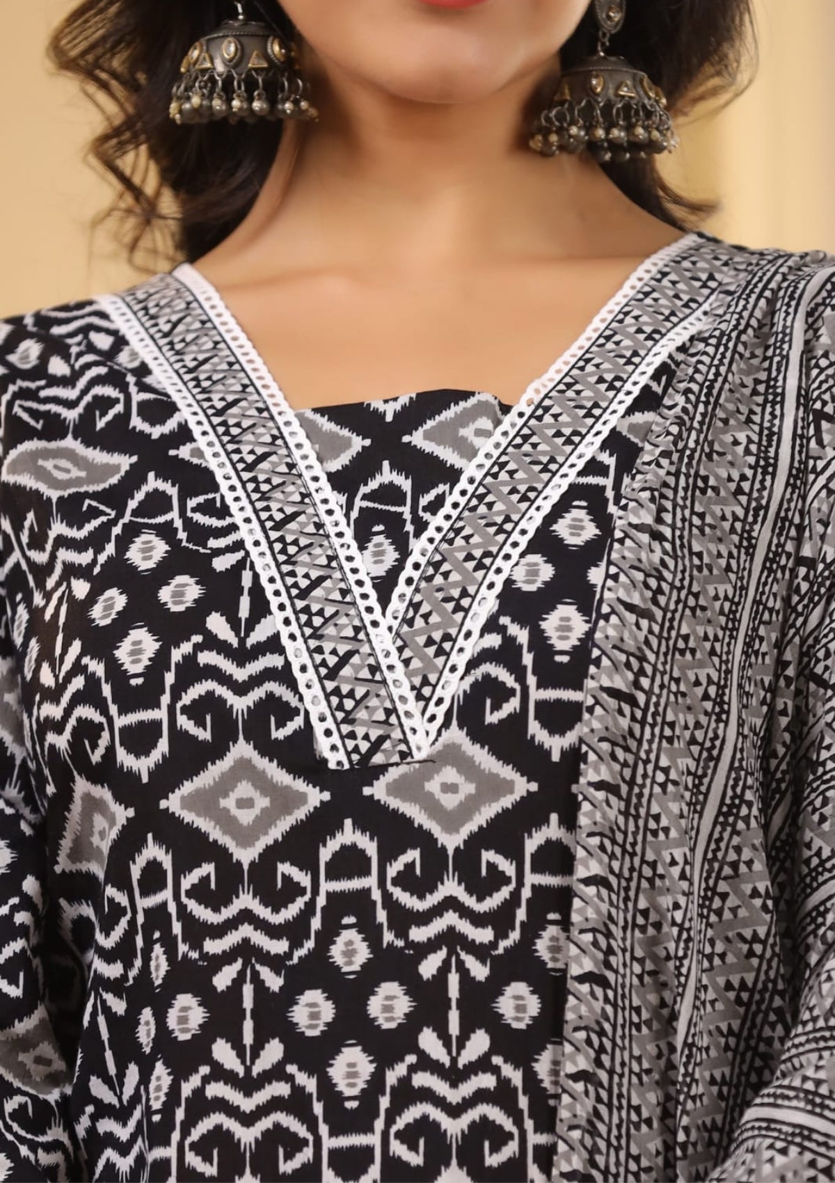 Black Block Print Cotton Kurta Set - KAJREE