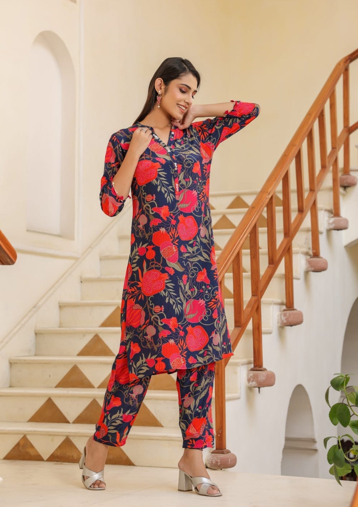 Blue Block Printed Pure Crepe Co-Ord Set - KAJREE