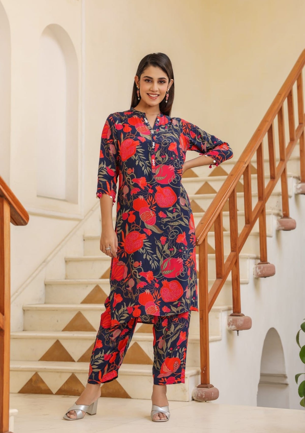 Blue Block Printed Pure Crepe Co-Ord Set - KAJREE