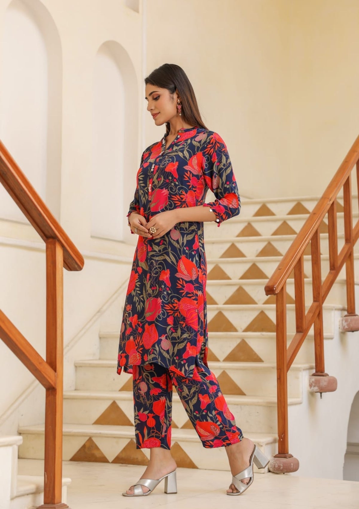 Blue Block Printed Pure Crepe Co-Ord Set - KAJREE
