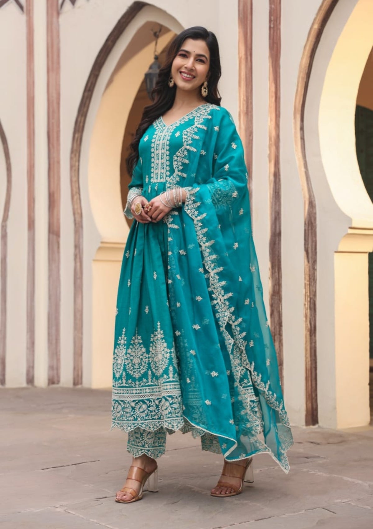 Blue Threadwork Rayon Dobby Kurta Set - KAJREE