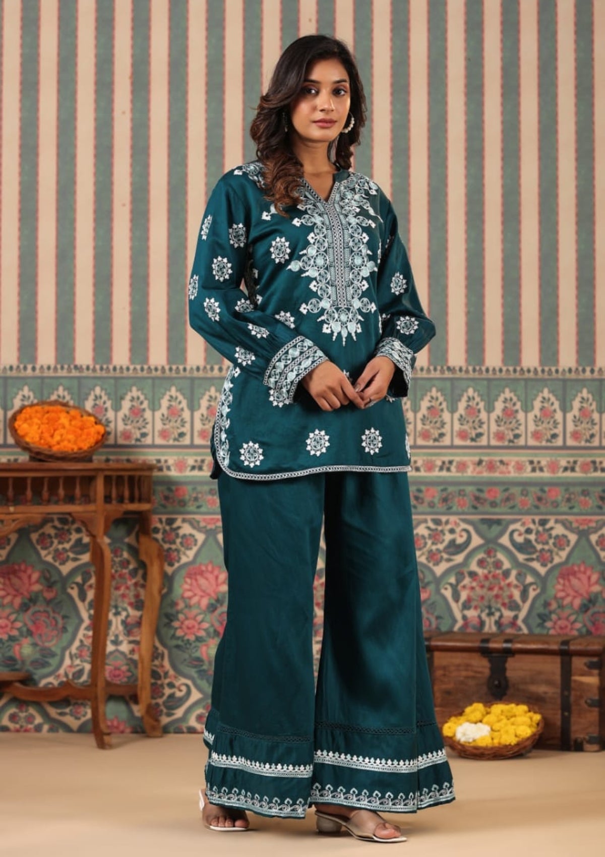 Blue Threadwork Pure Cotton Palazzo Set - KAJREE