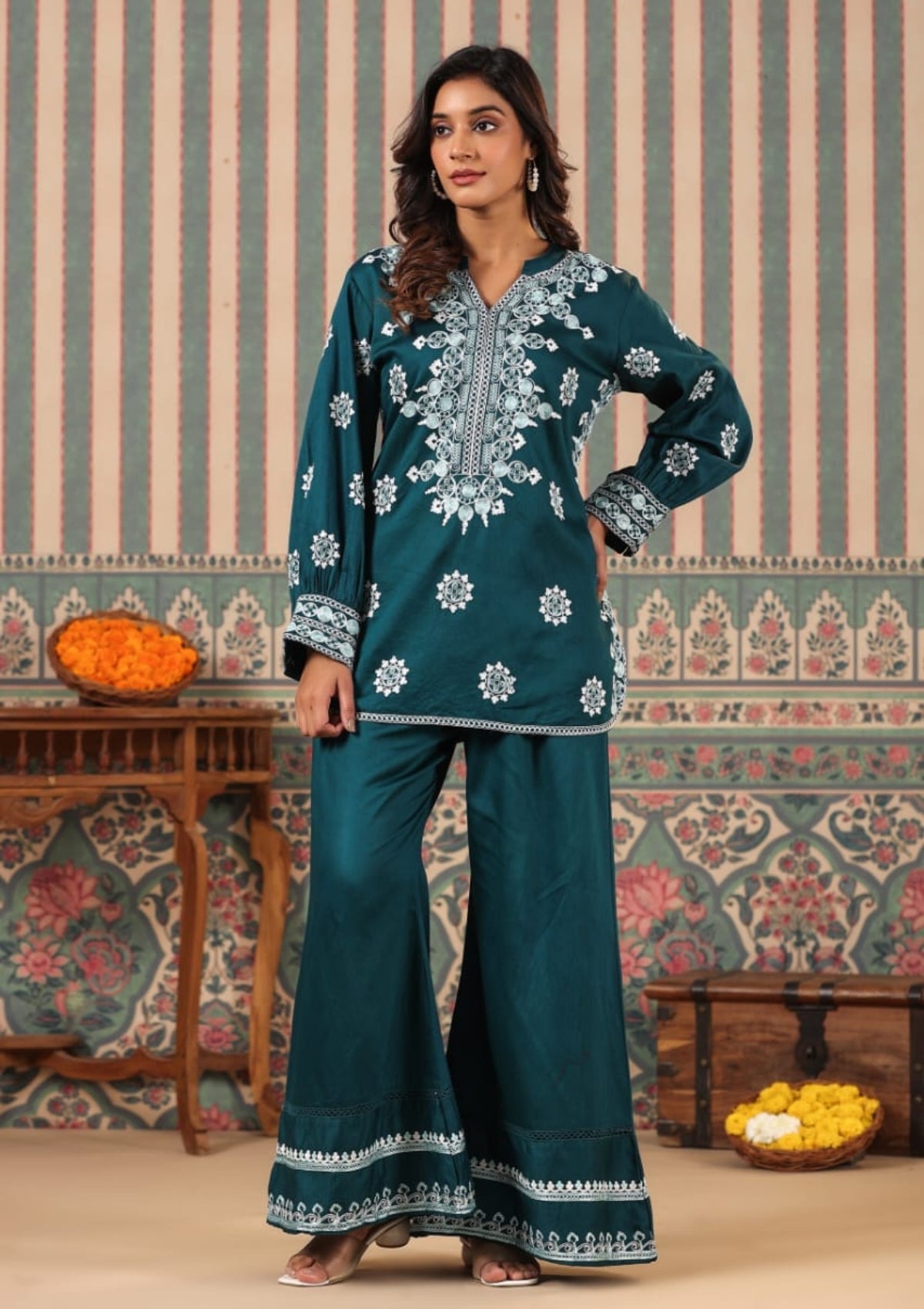 Blue Threadwork Pure Cotton Palazzo Set - KAJREE