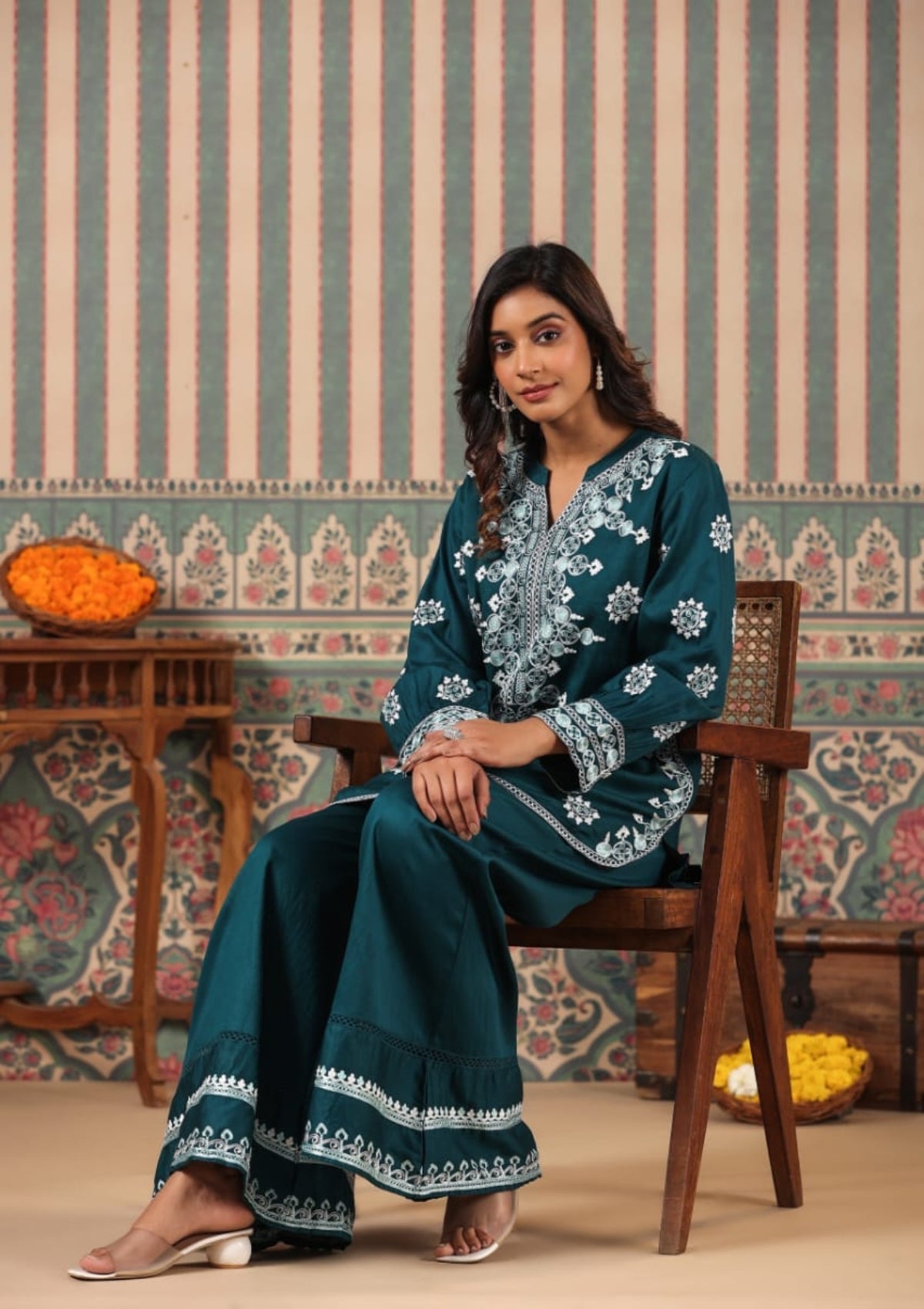 Blue Threadwork Pure Cotton Palazzo Set - KAJREE