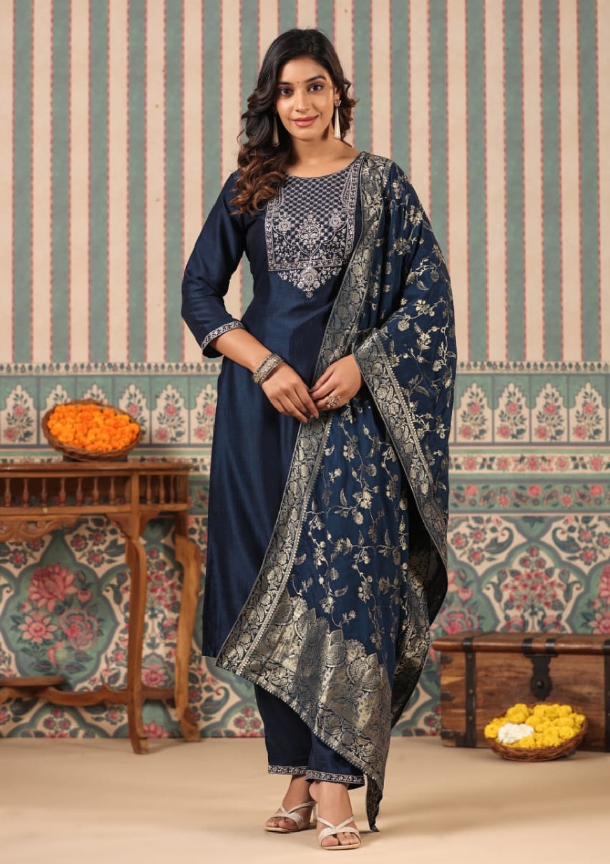 Blue Gottapati work Silk Kurta Set - KAJREE