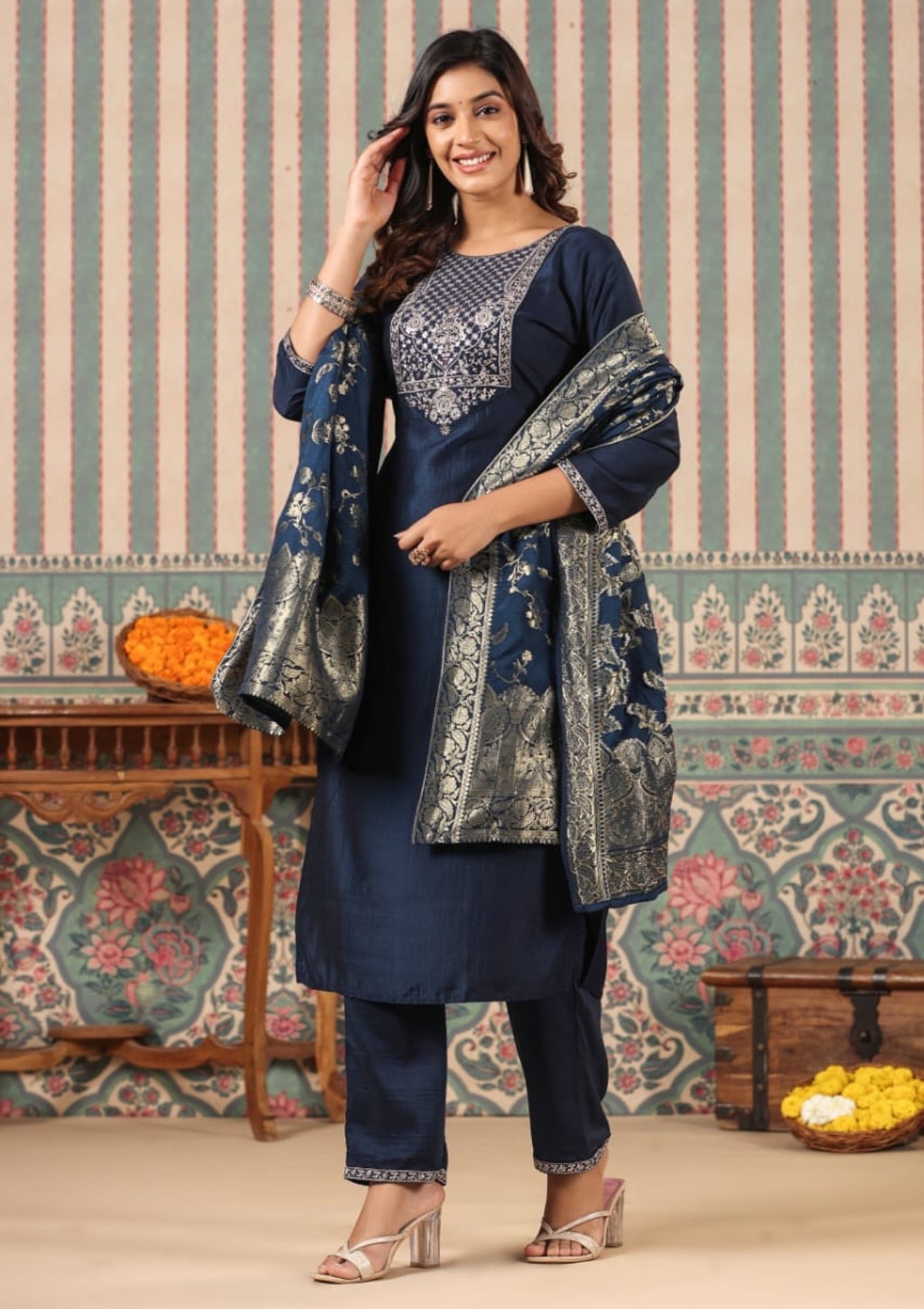 Blue Gottapati work Silk Kurta Set - KAJREE
