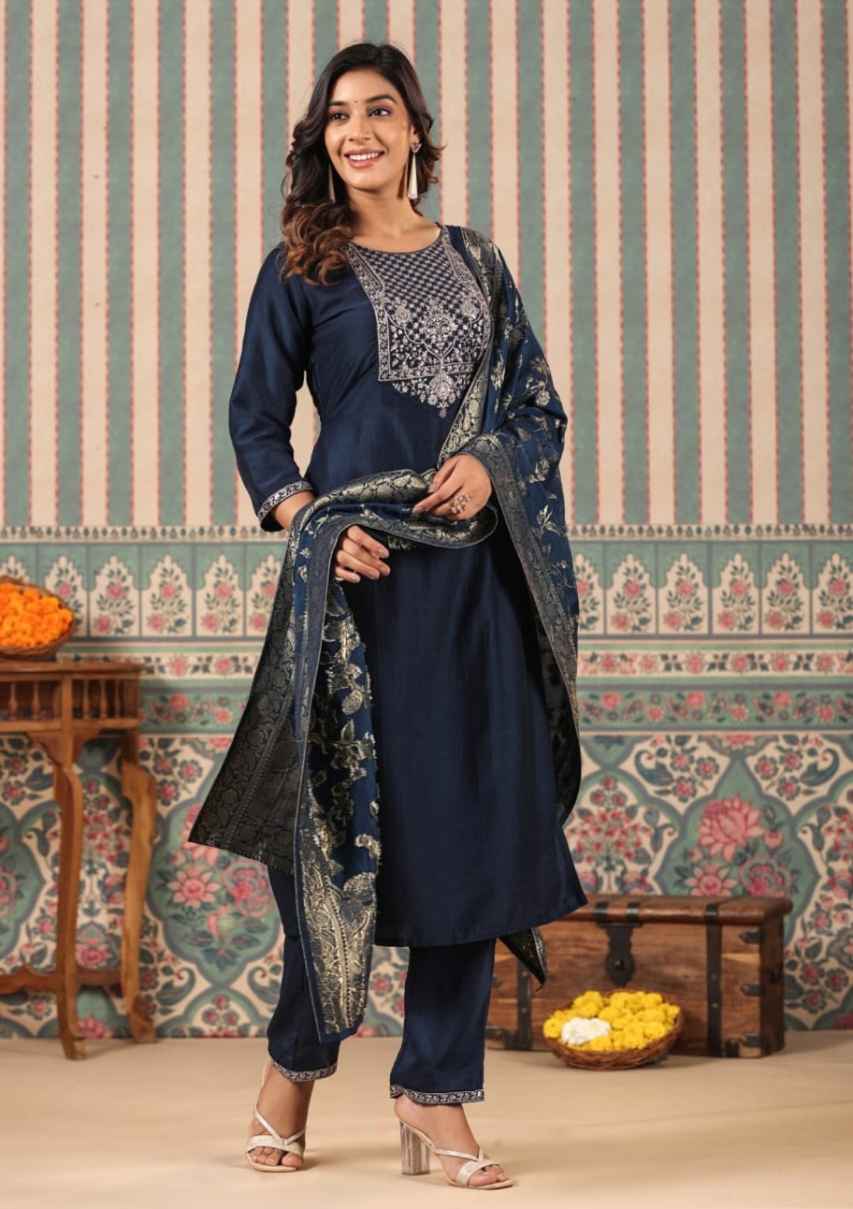 Blue Gottapati work Silk Kurta Set - KAJREE