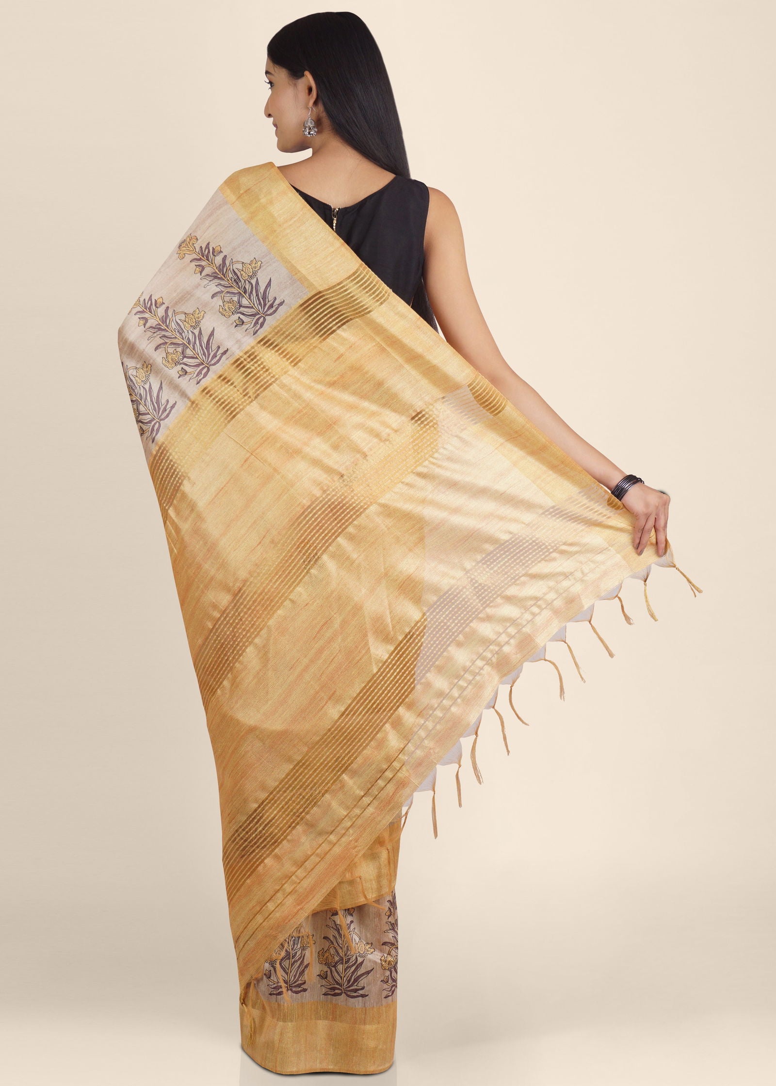 Yellow Block Print Tussar Saree - KAJREE