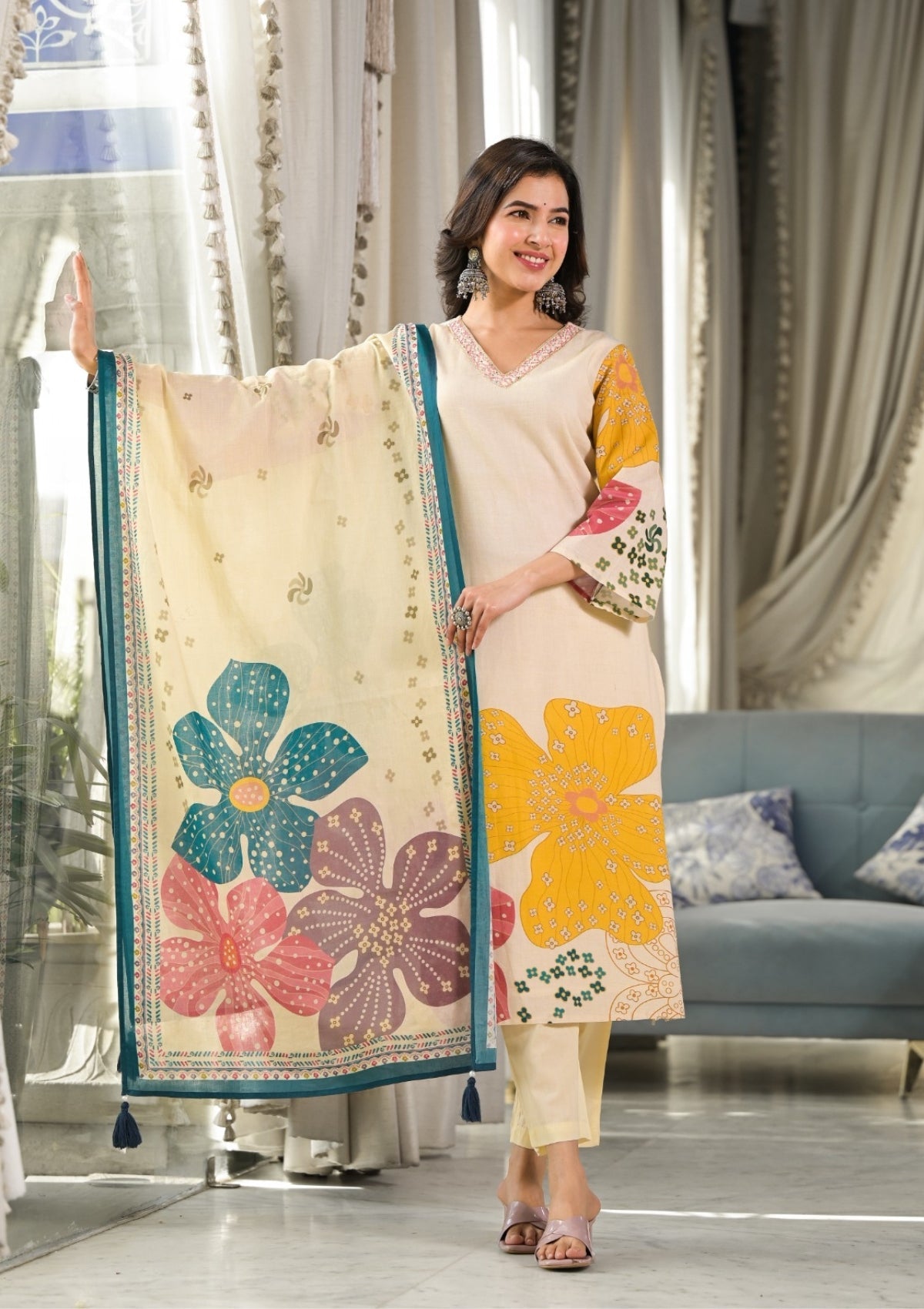Cream Block Printed Pure Cotton Kurta Set - KAJREE