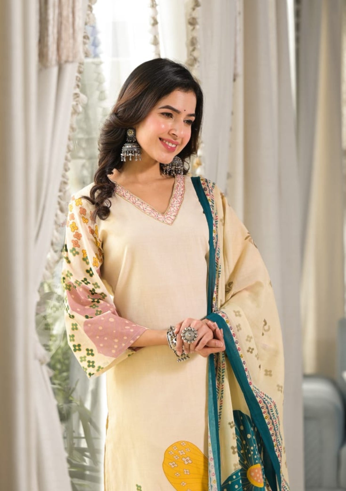 Cream Block Printed Pure Cotton Kurta Set - KAJREE