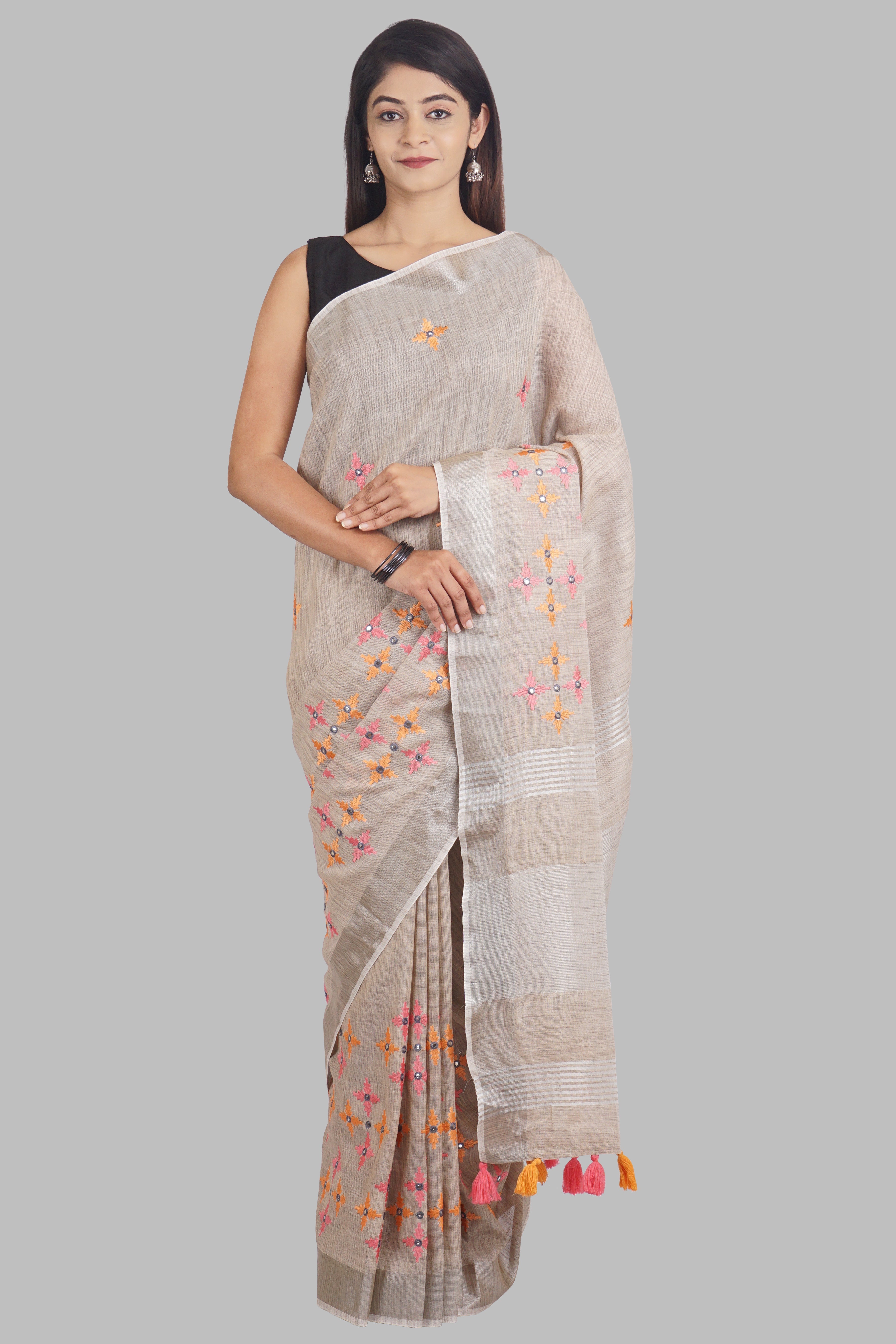 Beige Threadwork Linen Saree - KAJREE