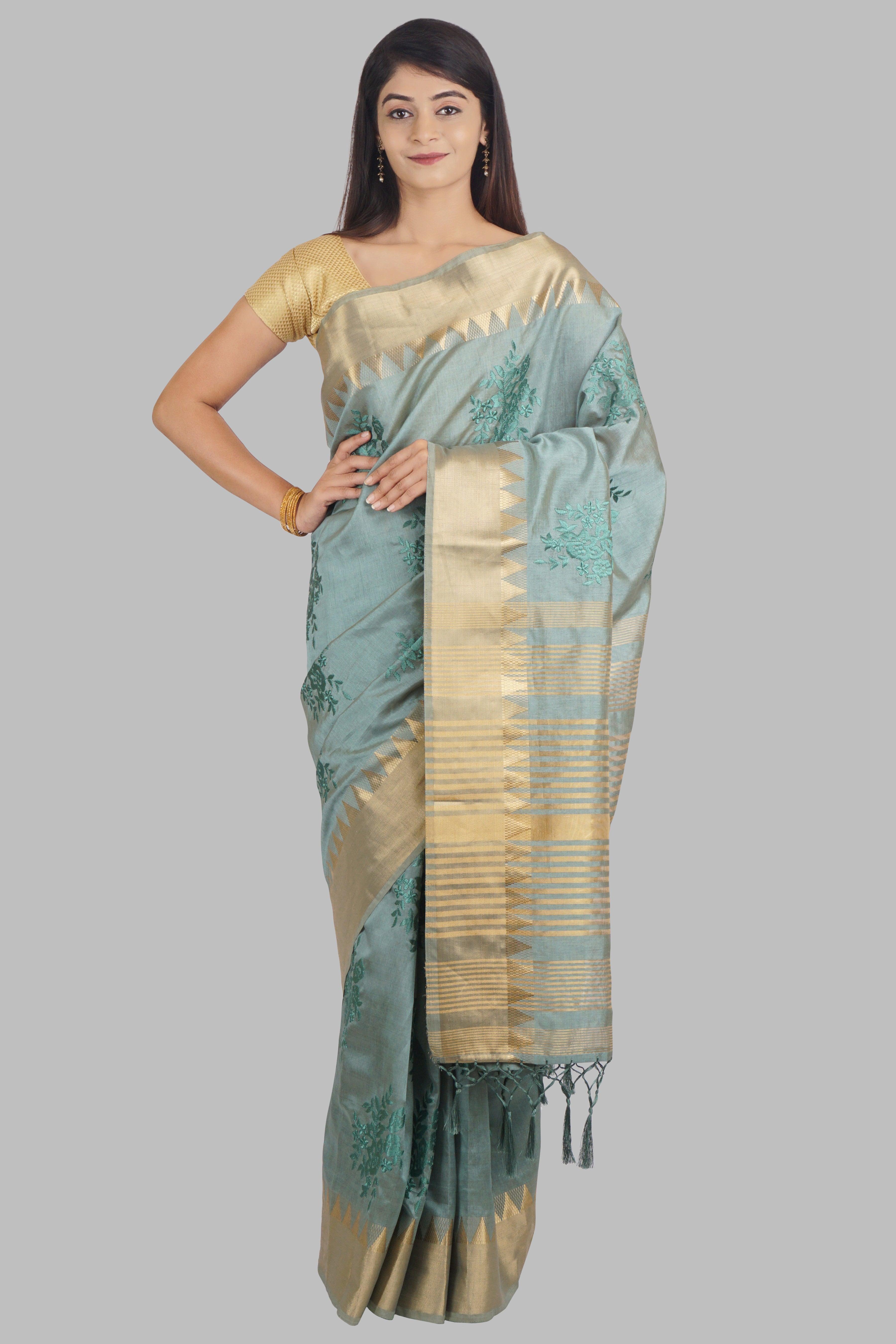 Green Threadwork Raw Silk Saree - KAJREE